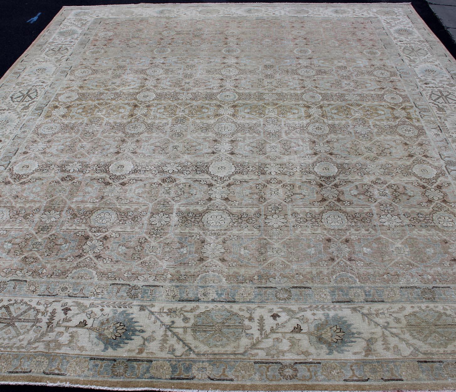 Wool Antique Persian Tabriz with All-Over Floral Design in Ivory, Blue, Blush, Brown For Sale