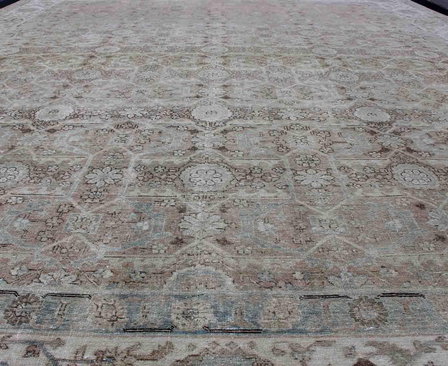 Antique Persian Tabriz with All-Over Floral Design in Ivory, Blue, Blush, Brown For Sale 1