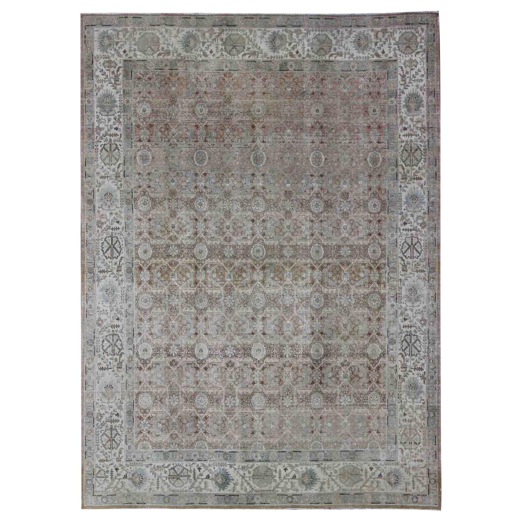 Antique Persian Tabriz with All-Over Floral Design in Ivory, Blue, Blush, Brown For Sale