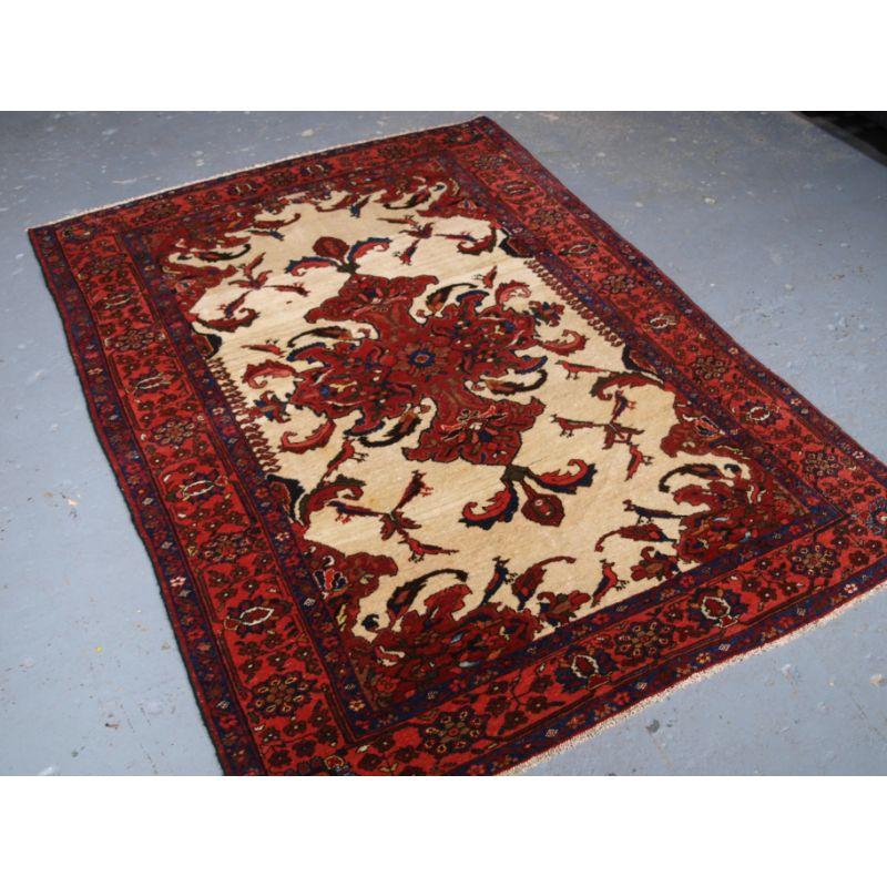 A good example of a North West Persian Tafresh village rug from the Greater Hamadan Region.

The rug is of the traditional medallion design associated with Tafresh village with an undyed ivory wool ground, small flecks of wool from black and brown