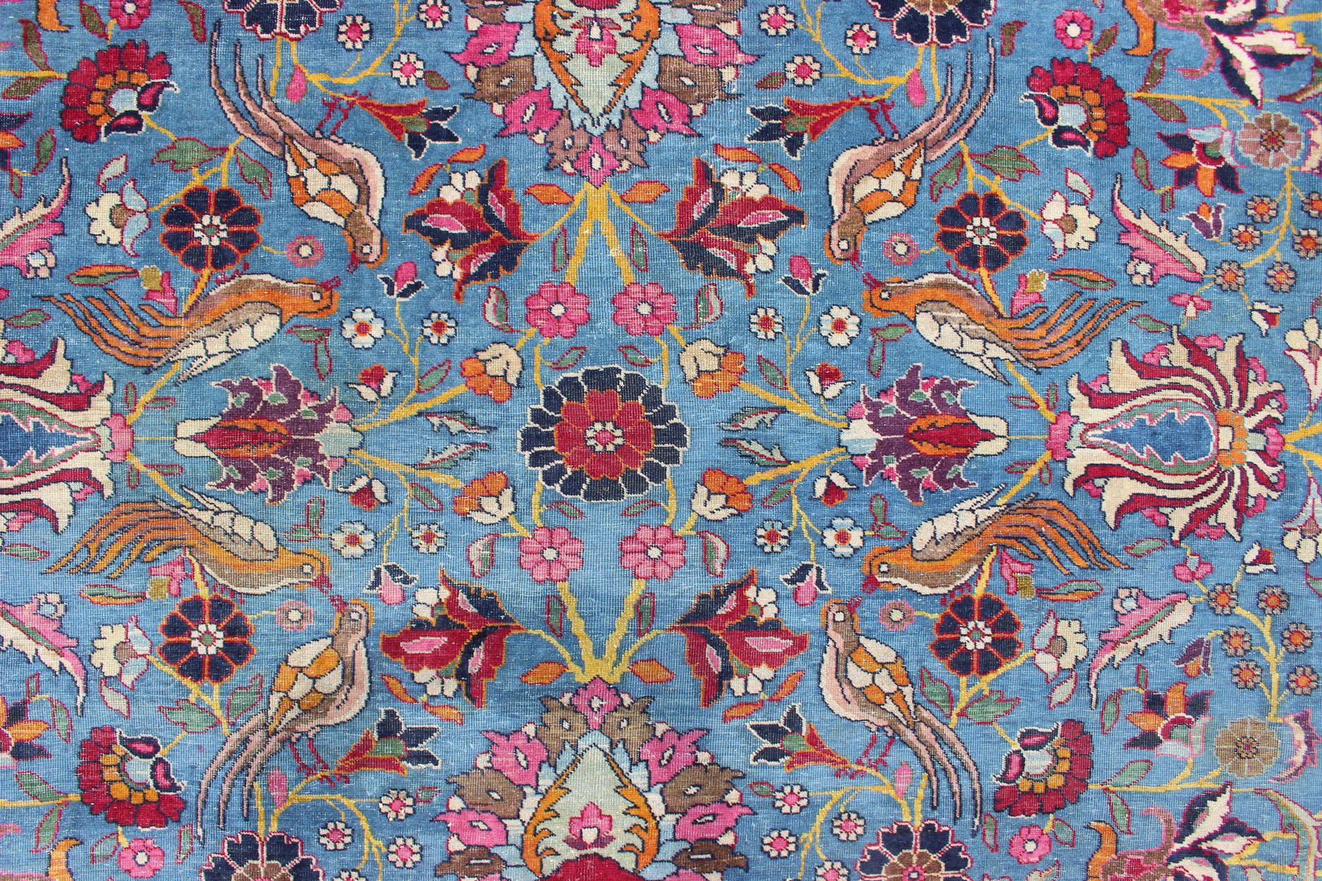 Persian Tehran Antique Rug in Beautiful Persian Blue and Saffron Yellow Border For Sale 1