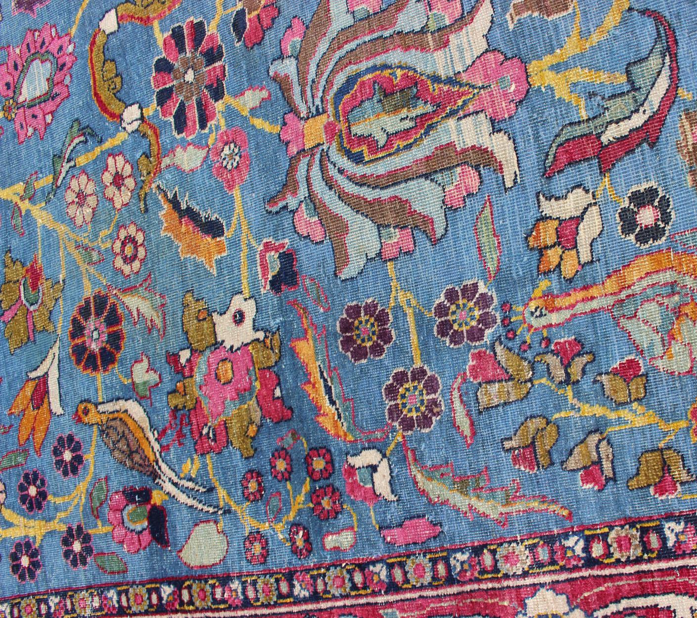 Persian Tehran Antique Rug in Beautiful Persian Blue and Saffron Yellow Border For Sale 3