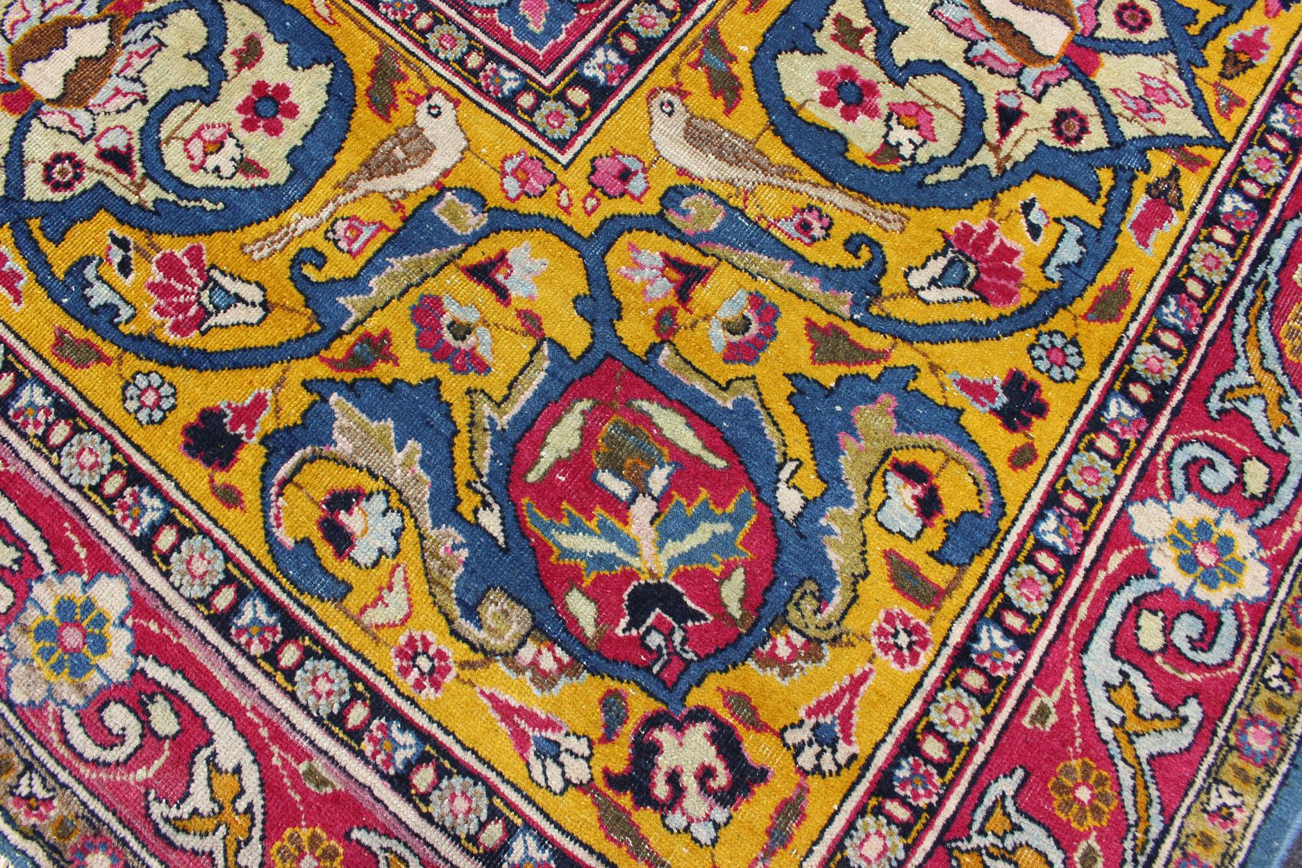 Persian Tehran Antique Rug in Beautiful Persian Blue and Saffron Yellow Border For Sale 5