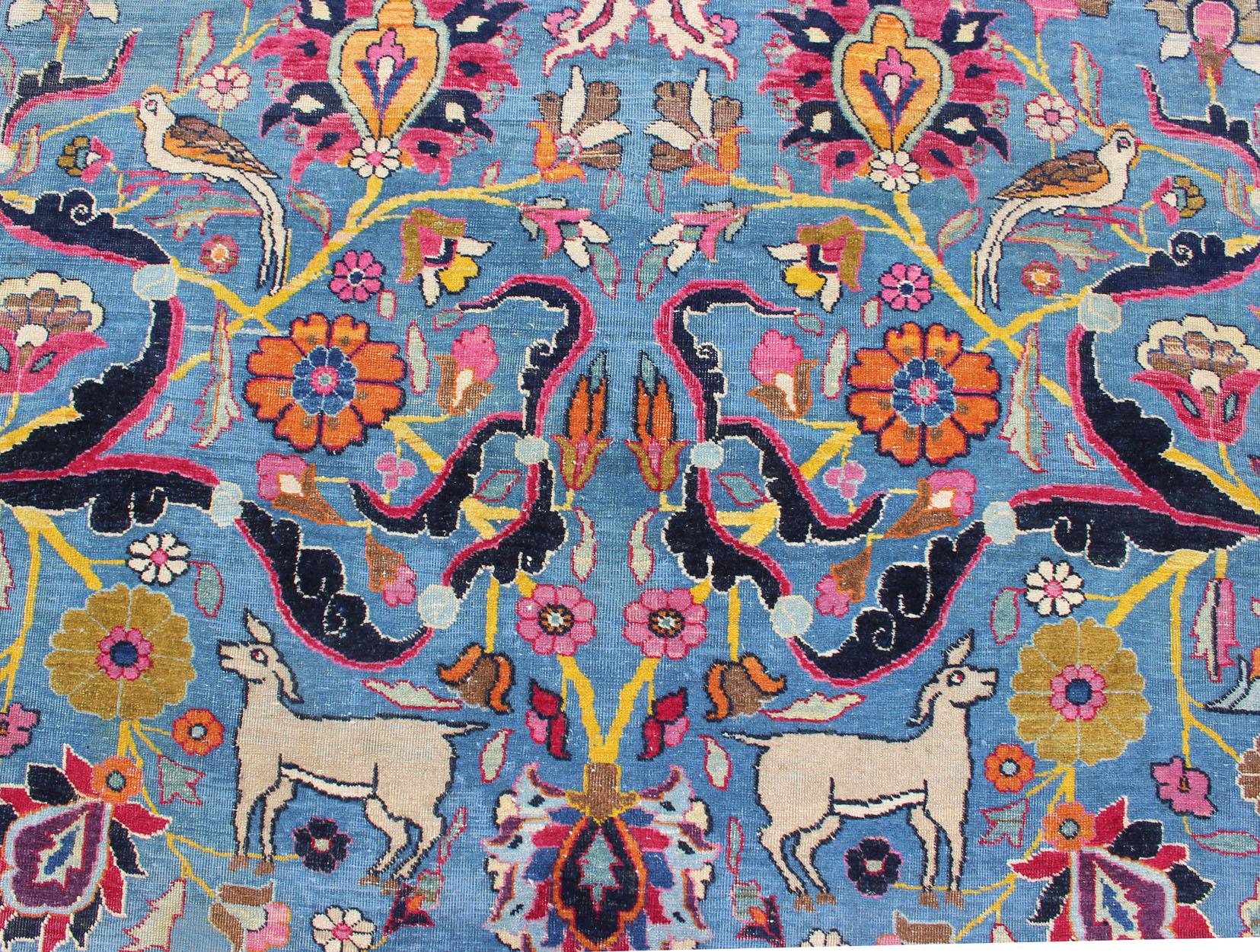 Persian Tehran Antique Rug in Beautiful Persian Blue and Saffron Yellow Border For Sale 7