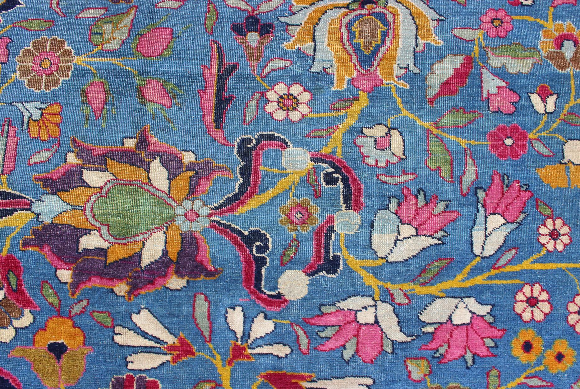 Persian Tehran Antique Rug in Beautiful Persian Blue and Saffron Yellow Border For Sale 8