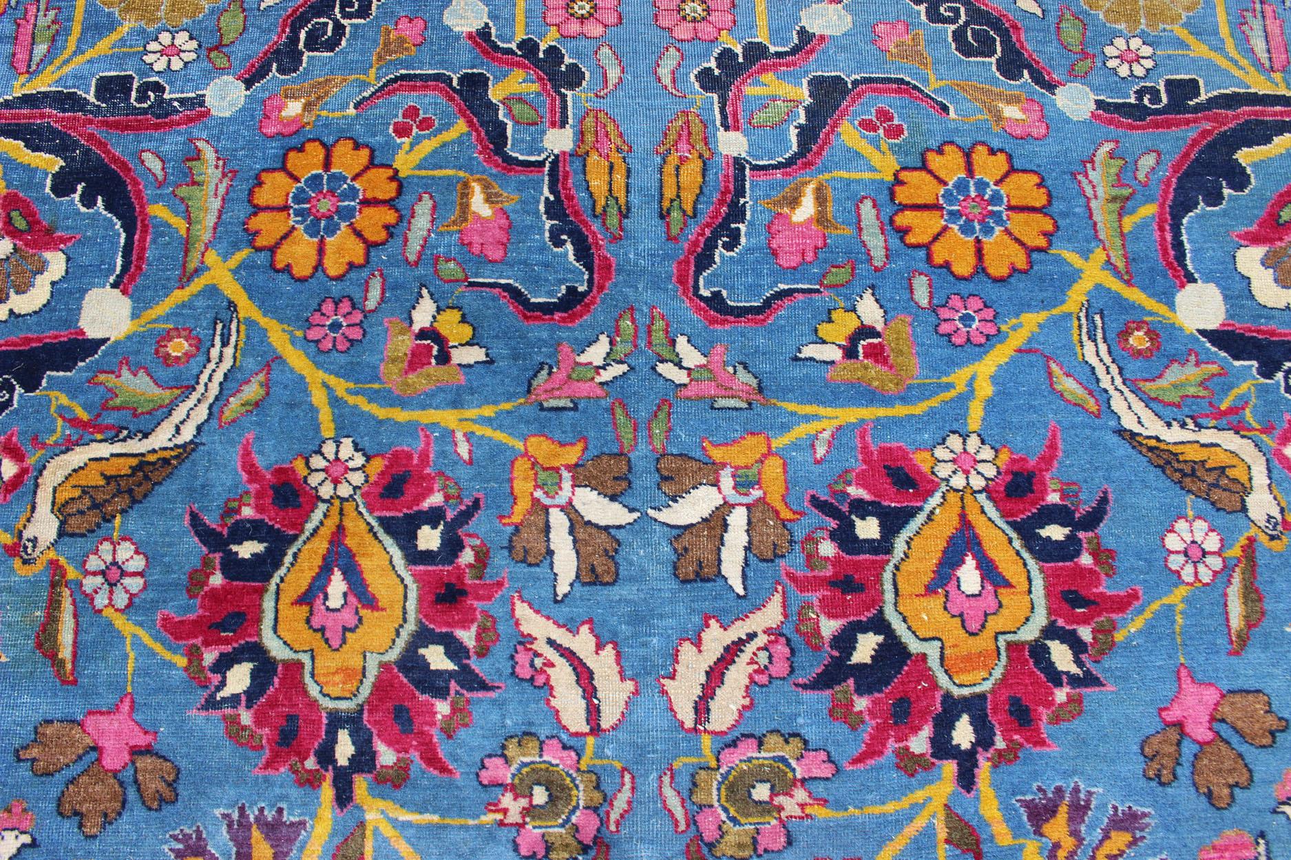 Persian Tehran Antique Rug in Beautiful Persian Blue and Saffron Yellow Border For Sale 9