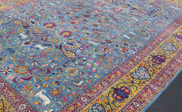 Persian Tehran Antique Rug in Beautiful Persian Blue and Saffron Yellow Border For Sale 13