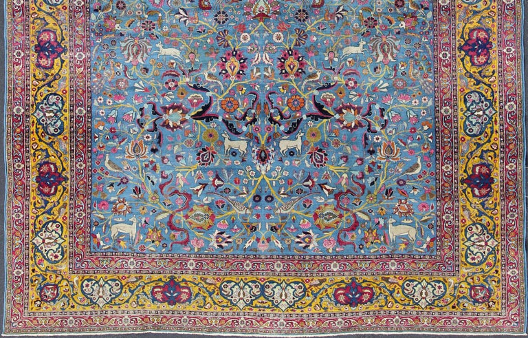 Hand-Knotted Persian Tehran Antique Rug in Beautiful Persian Blue and Saffron Yellow Border For Sale