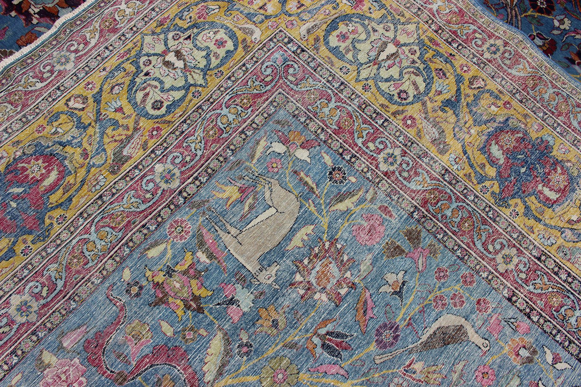 Tabriz Persian Tehran Antique Rug in Beautiful Persian Blue and Saffron Yellow Border For Sale