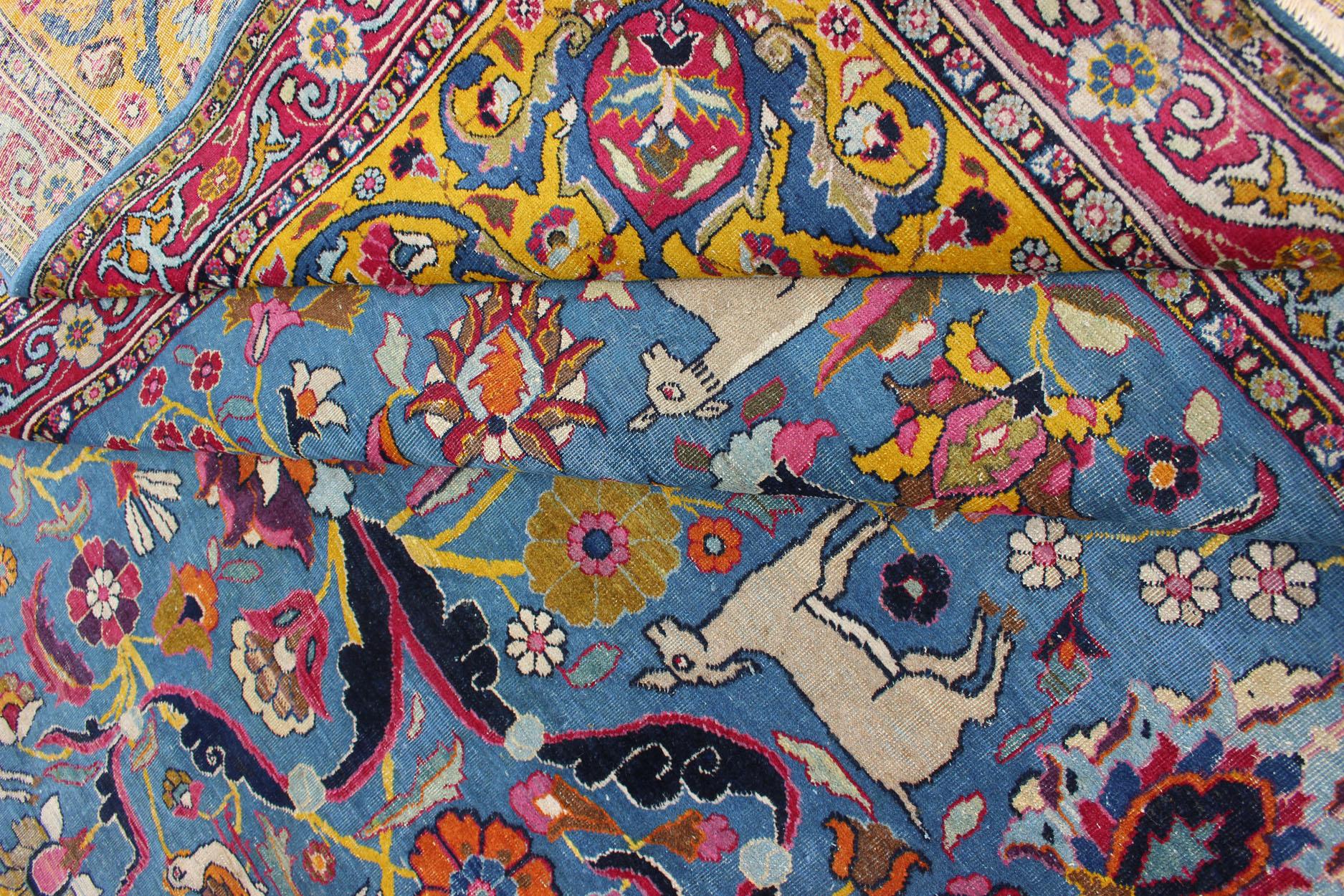 Hand-Knotted Persian Tehran Antique Rug in Beautiful Persian Blue and Saffron Yellow Border For Sale
