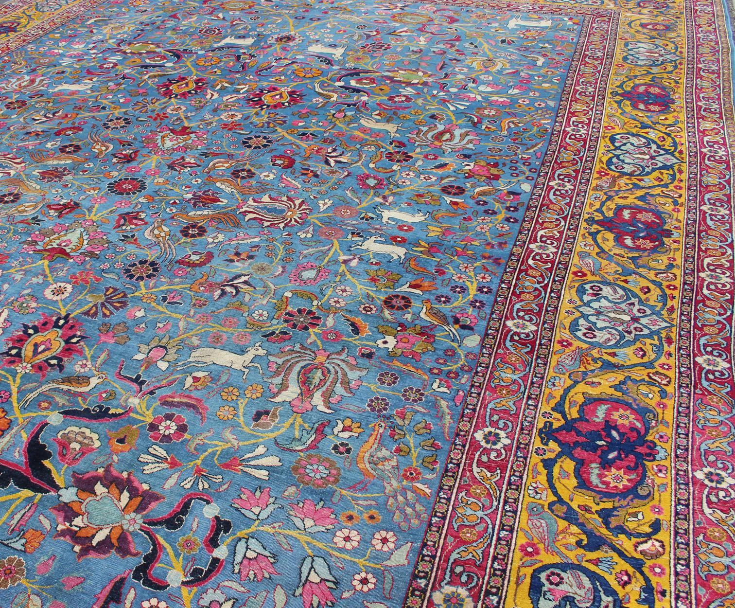 Persian Tehran Antique Rug in Beautiful Persian Blue and Saffron Yellow Border In Excellent Condition For Sale In Atlanta, GA