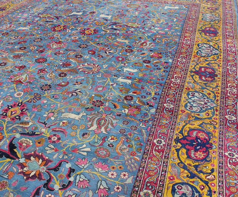 Wool Persian Tehran Antique Rug in Beautiful Persian Blue and Saffron Yellow Border For Sale