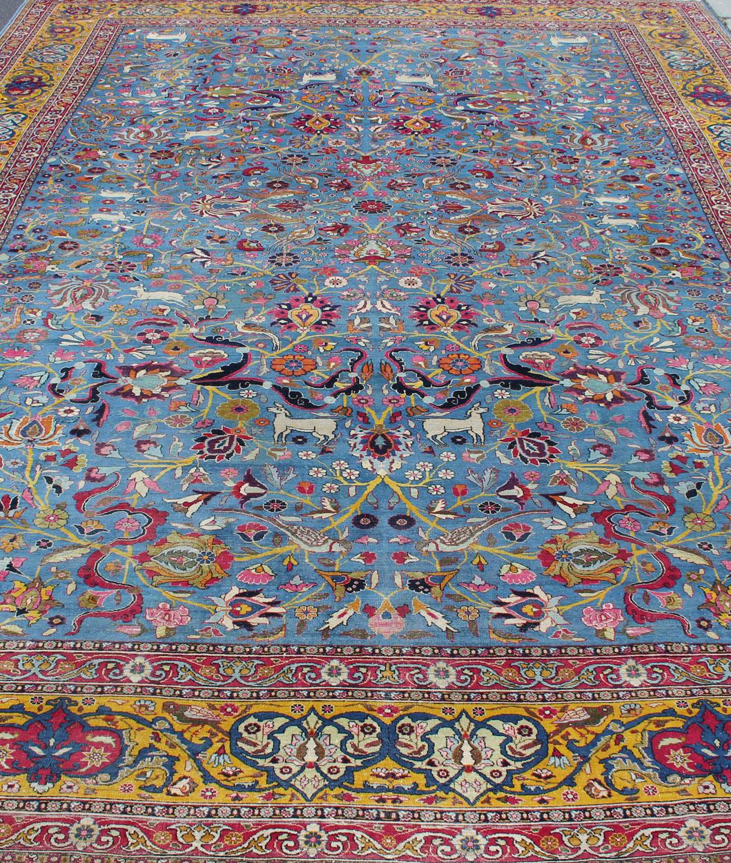 20th Century Persian Tehran Antique Rug in Beautiful Persian Blue and Saffron Yellow Border For Sale