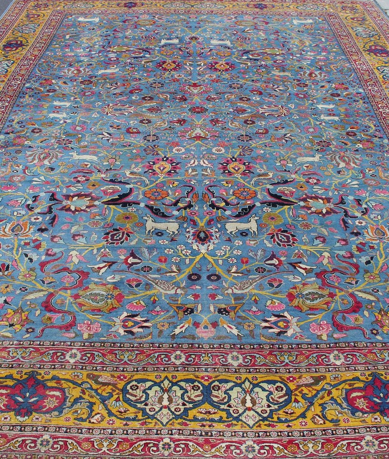 Persian Tehran Antique Rug in Beautiful Persian Blue and Saffron Yellow Border For Sale 1