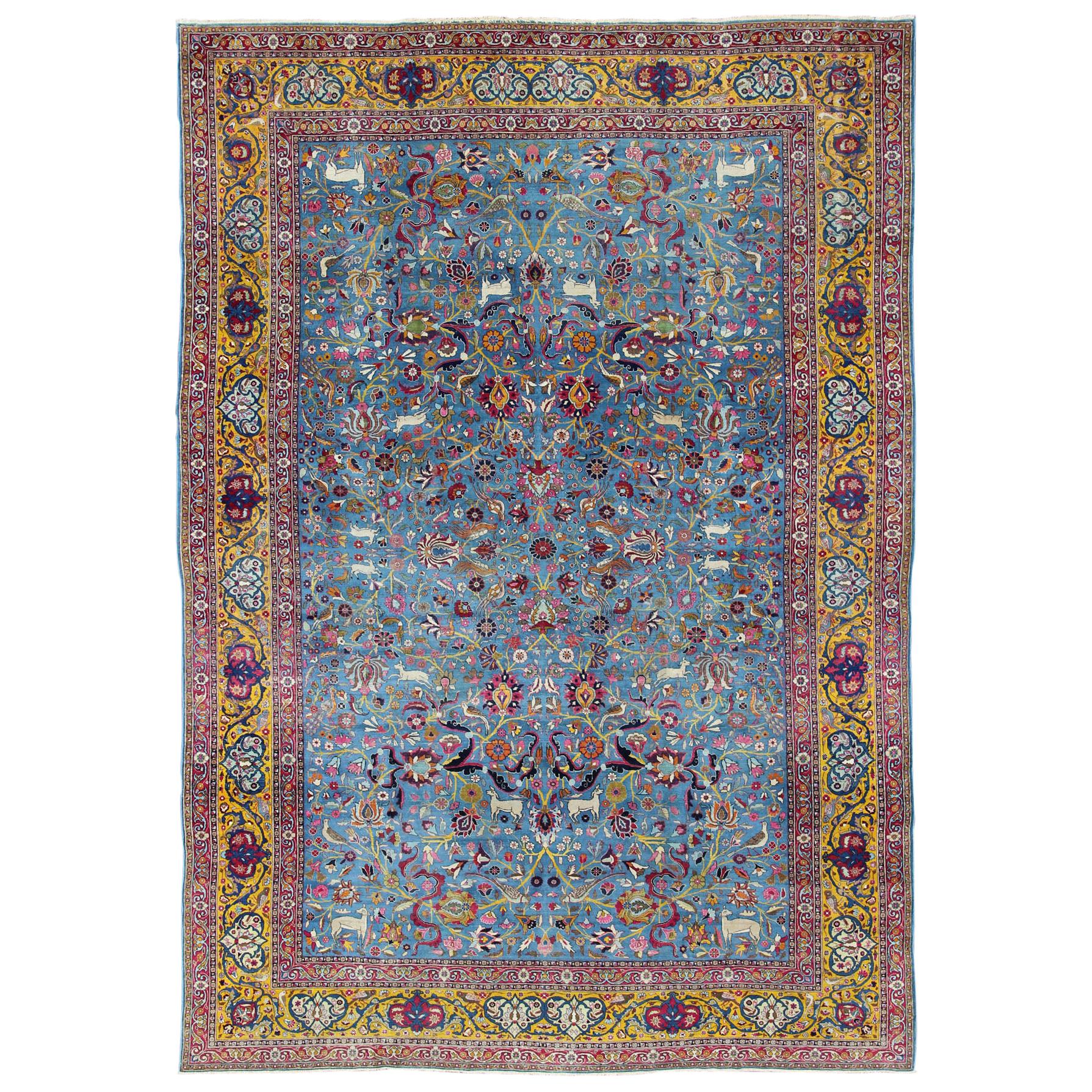 Persian Tehran Antique Rug in Beautiful Persian Blue and Saffron Yellow Border For Sale