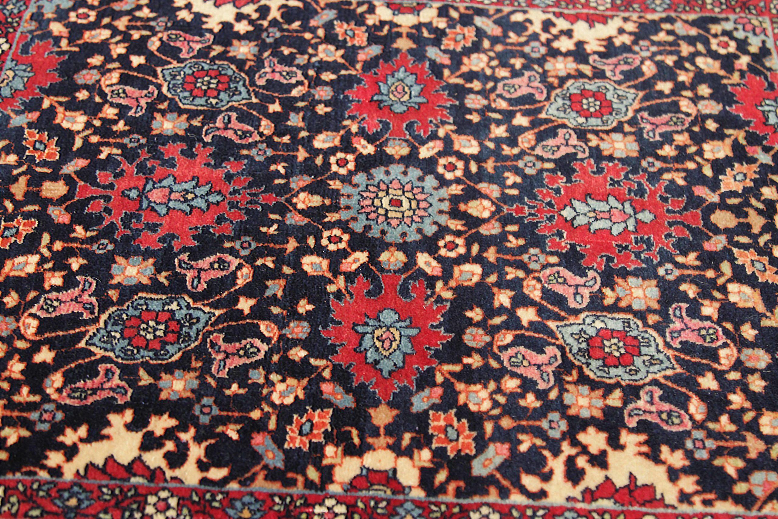 Asiatico Tappeto persiano Tehran Piccolo Circa 1910 - Lana Avorio Blu Navy Rosa 73355 in vendita