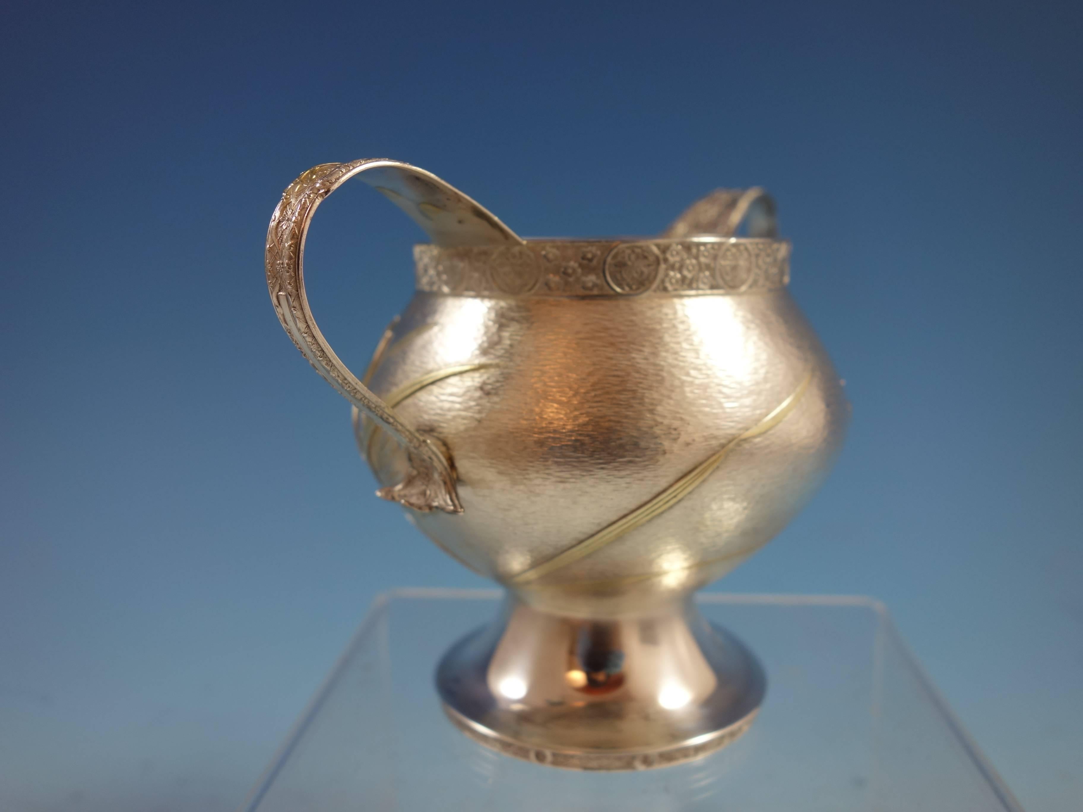 American Persian Tiffany Sterling Silver Sugar Bowl Applied Gold Butterflies Hollowware