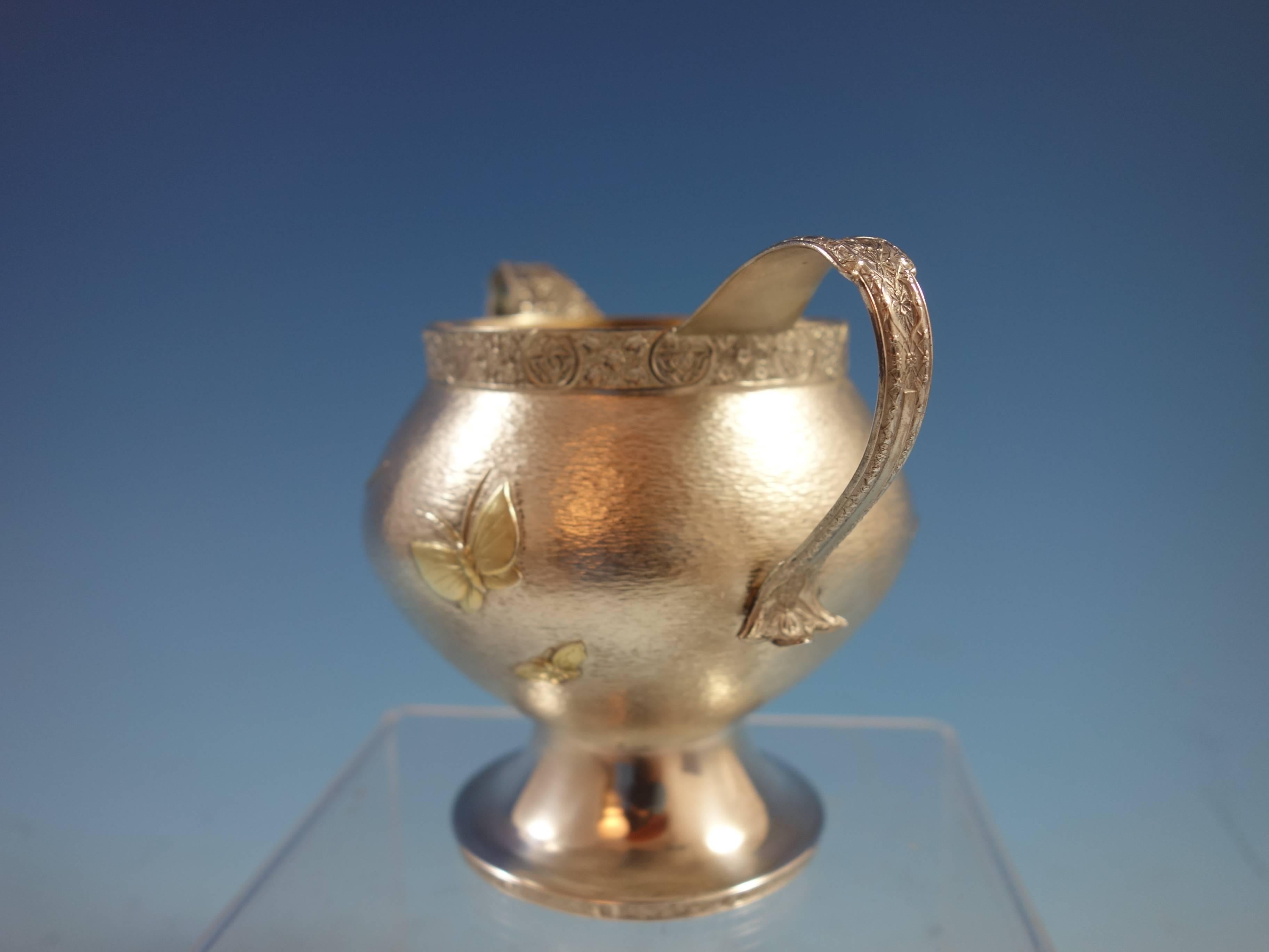 Persian Tiffany Sterling Silver Sugar Bowl Applied Gold Butterflies Hollowware In Excellent Condition In Big Bend, WI