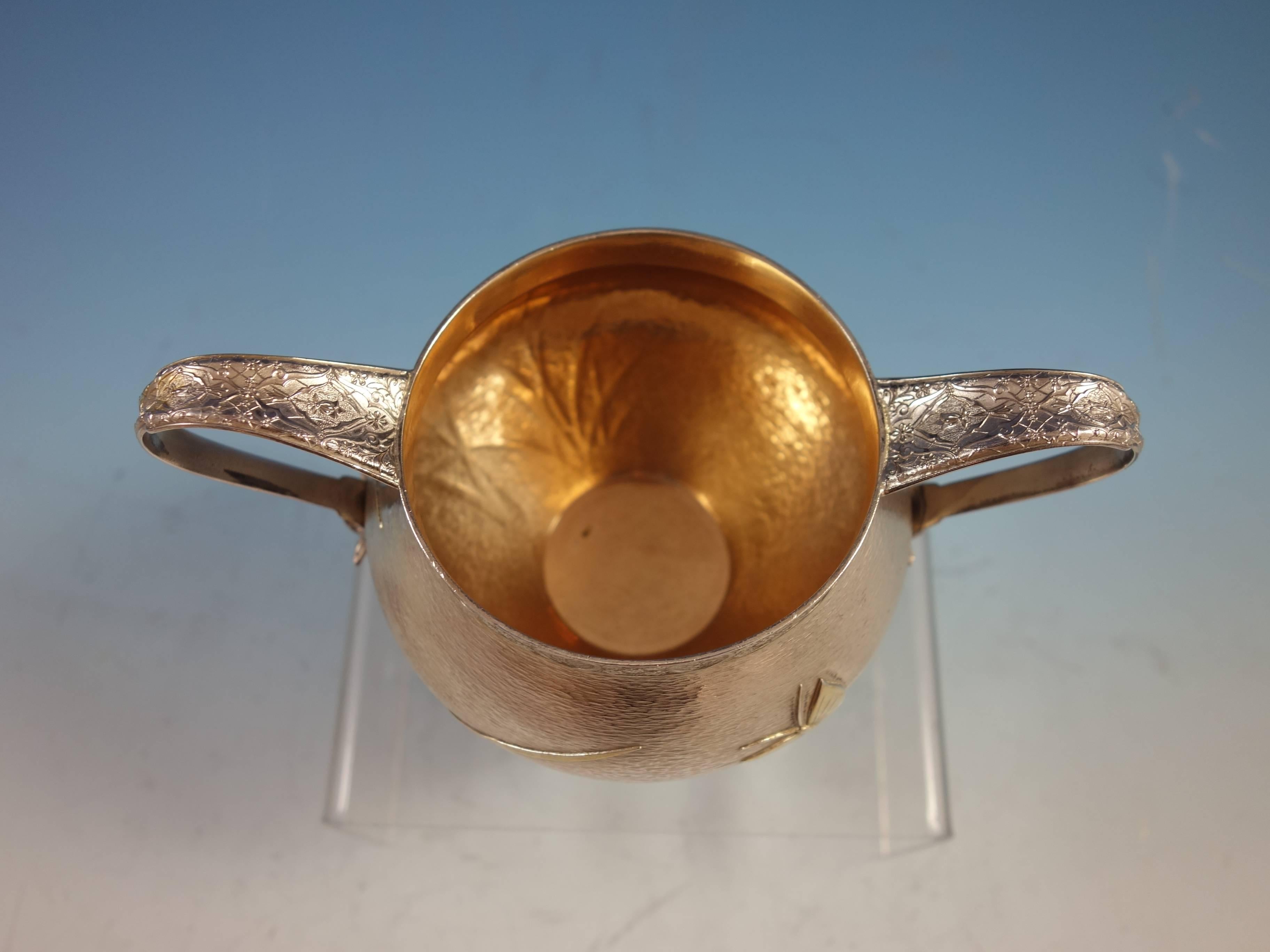 20th Century Persian Tiffany Sterling Silver Sugar Bowl Applied Gold Butterflies Hollowware