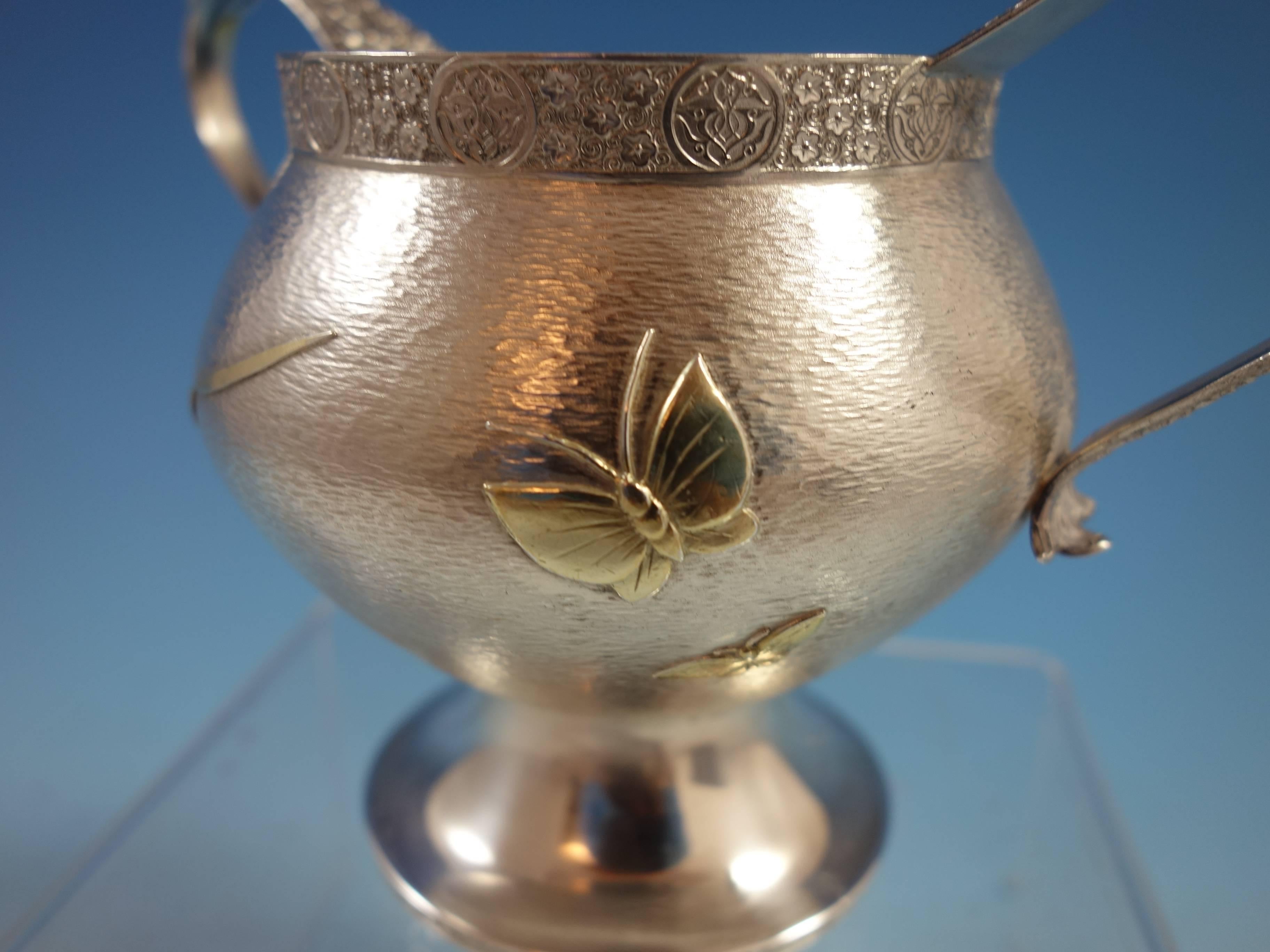 Persian Tiffany Sterling Silver Sugar Bowl Applied Gold Butterflies Hollowware 1