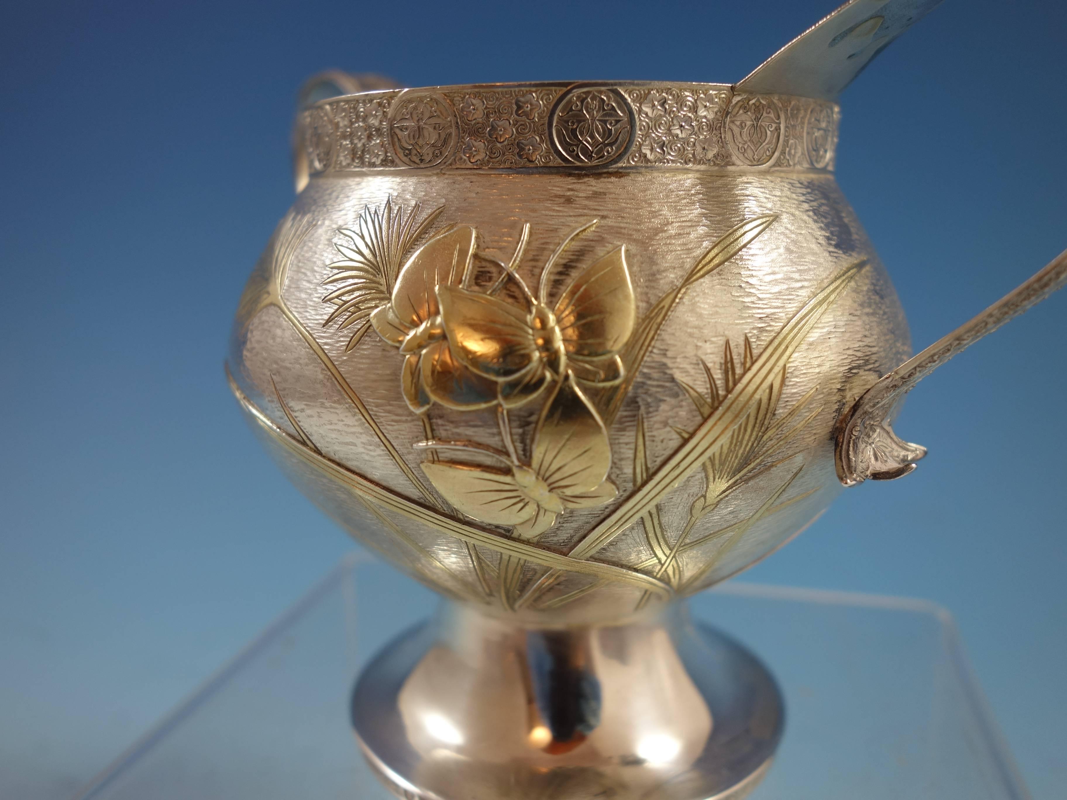 Persian Tiffany Sterling Silver Sugar Bowl Applied Gold Butterflies Hollowware 2