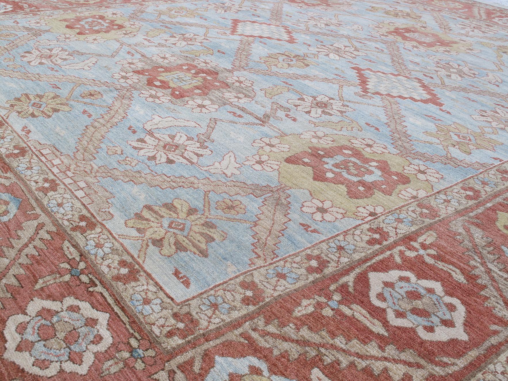 Made in Iran with the highest quality Persian hand-carded, hand-spun-wool and all vegetable dyes, this rug resembles the original prized antique Bakshaish rugs made in town of the same name. Located in the Heris region, it's noted as an area for