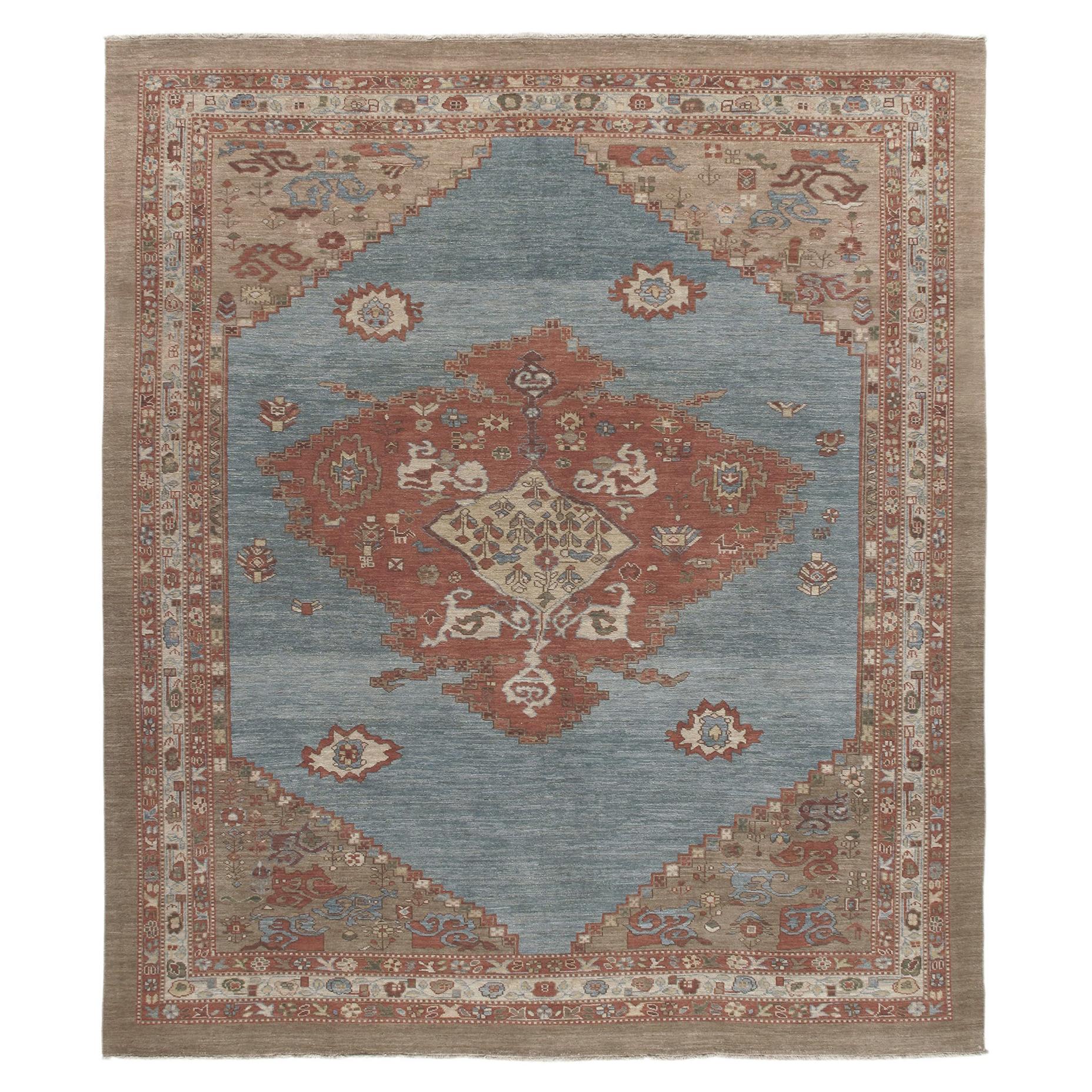 Persian Traditional Bakshaish Handknotted Rug in Blue, Rust, and Camel Color For Sale