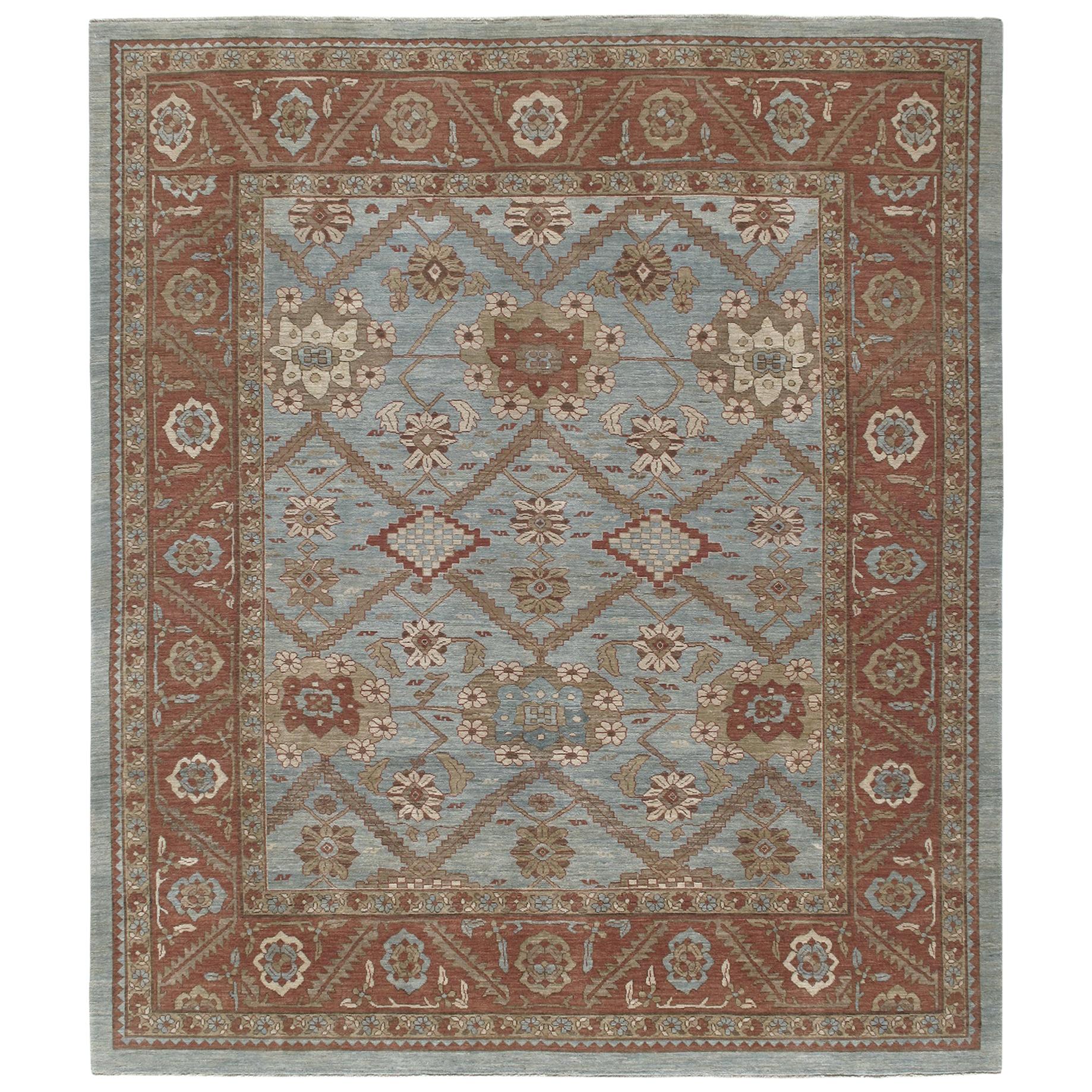 Persian Traditional Bakshaish Handknotted Rug in Pale Blue and Rust Color.