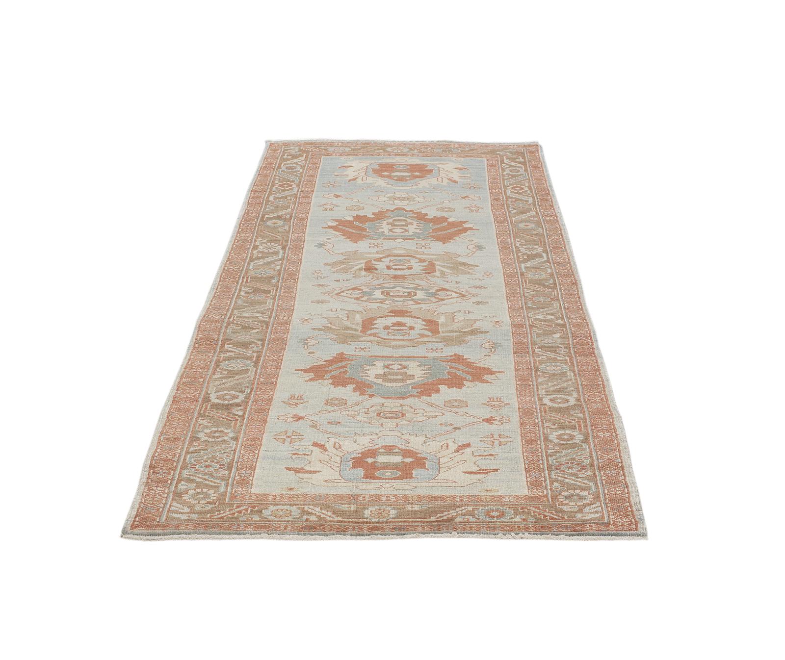 Kilim Persian Traditional Bakshaish Hand Knotted Runner in Camel, Blue, Rust Colors For Sale