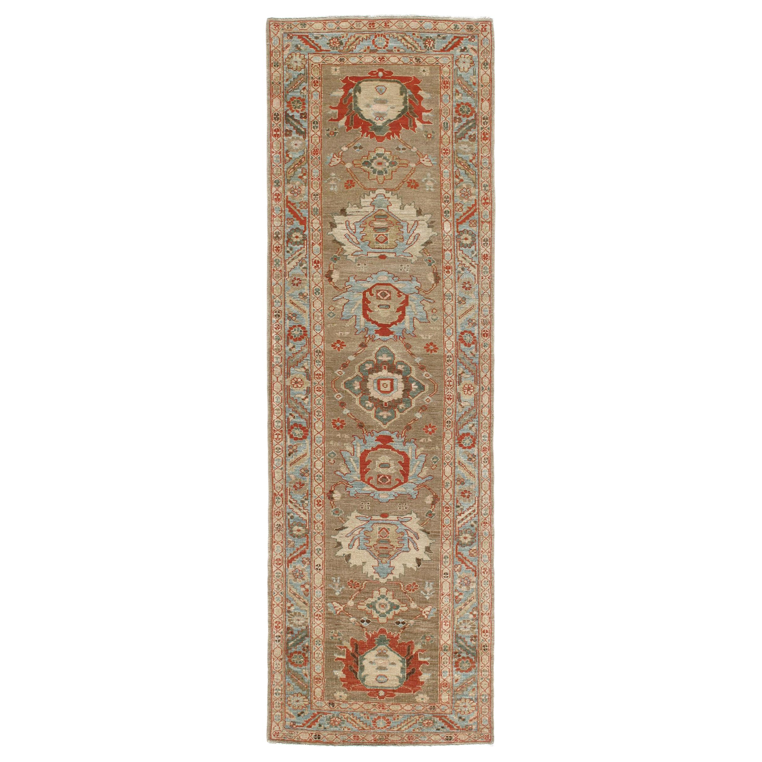 Persian Traditional Bakshaish Hand-Knotted Runner in Camel, Blue, Rust Colors For Sale