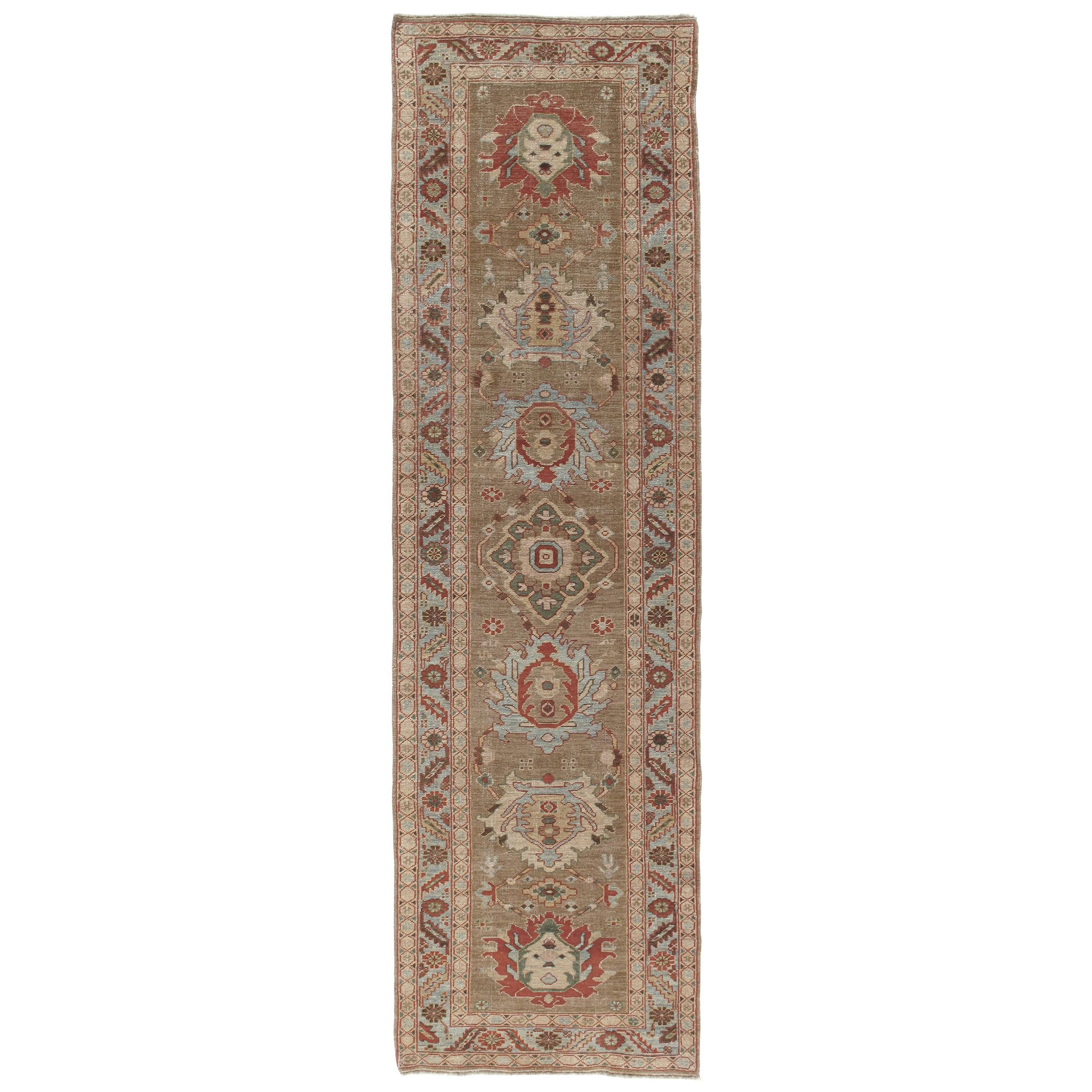Persian Traditional Bakshaish Hand Knotted Runner in Camel, Blue, Rust Colors For Sale