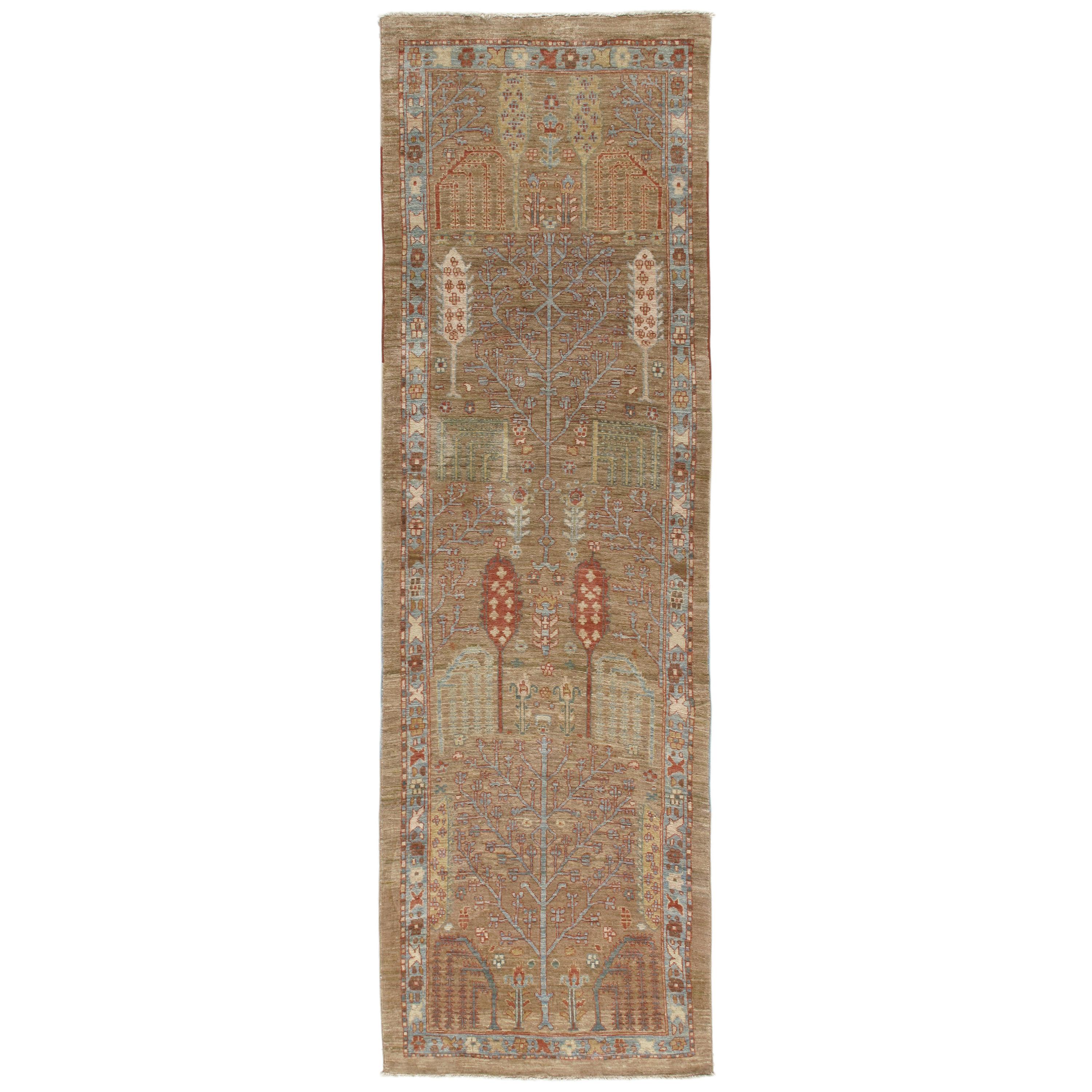 Traves de Mesa Tradicional Persa Bakshaish Anudada a Mano en Colores Camel, Azul y Óxido