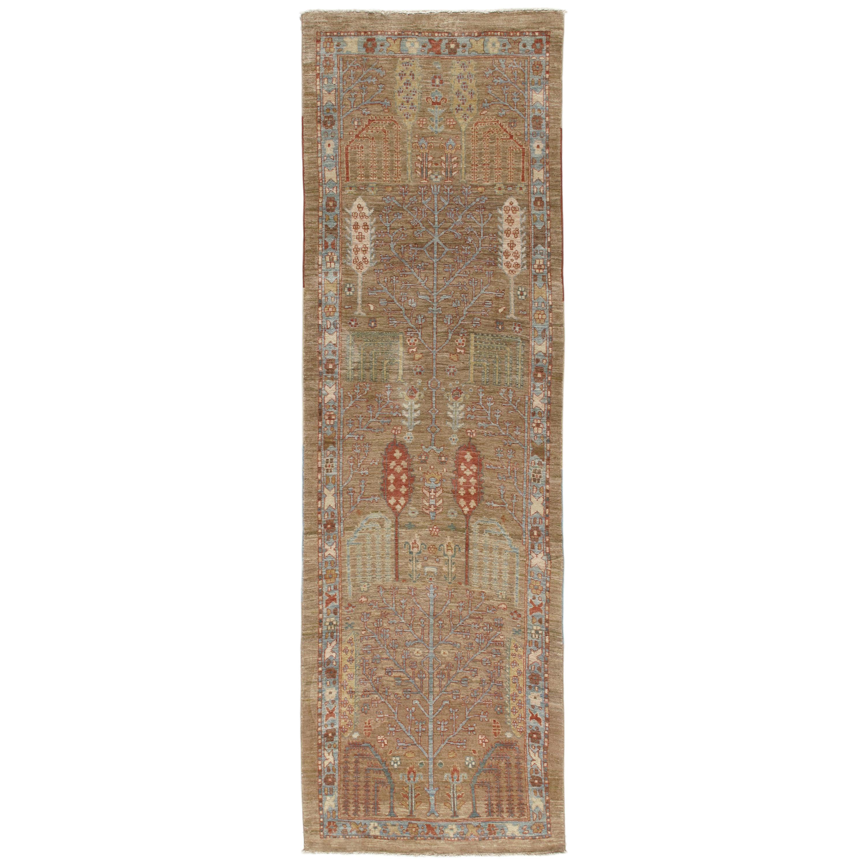 Persian Traditional Bakshaish Hand Knotted Runner in Camel, Blue, Rust Colors For Sale