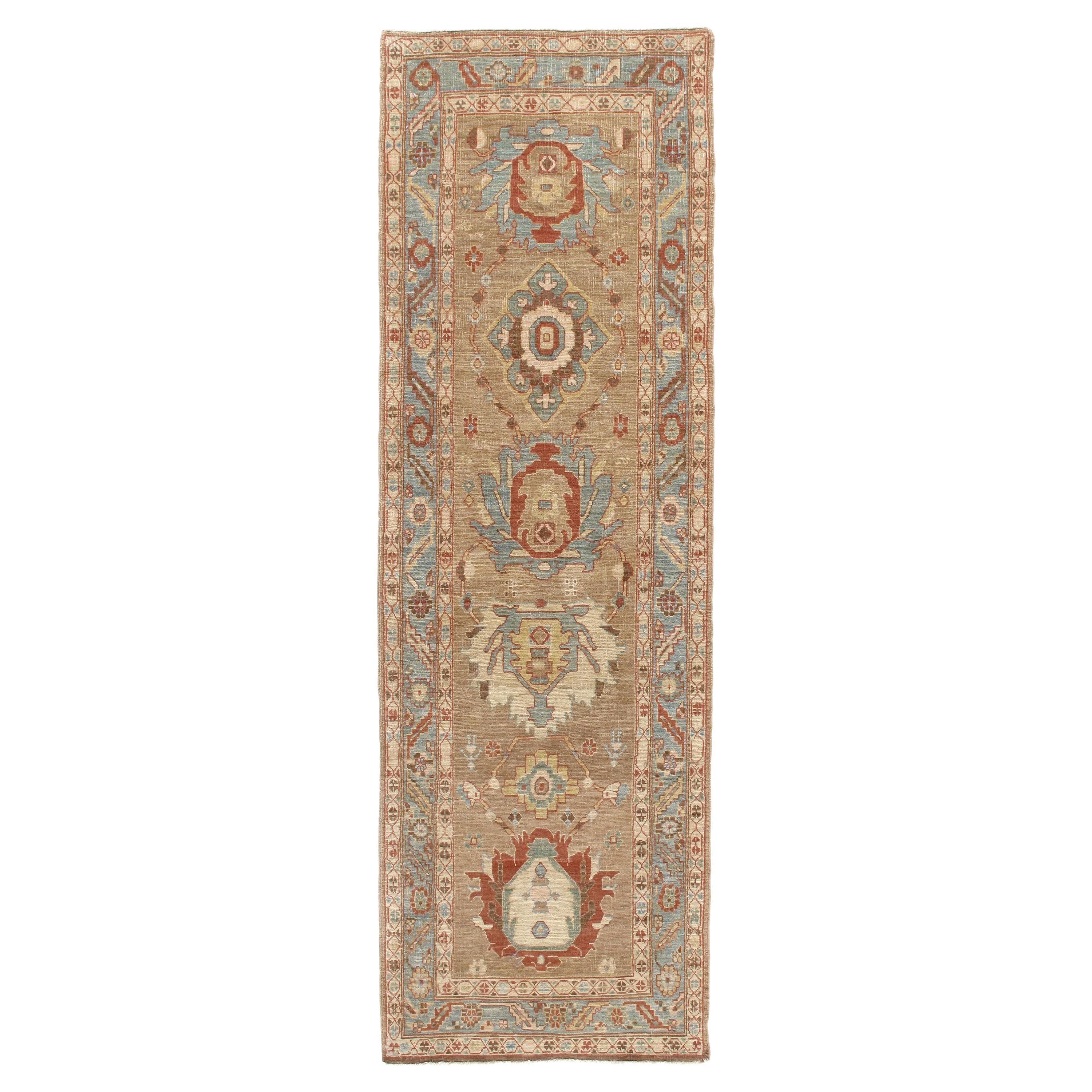 Persian Traditional Bakshaish Hand Knotted Runner in Camel, Blue, Rust Colors For Sale