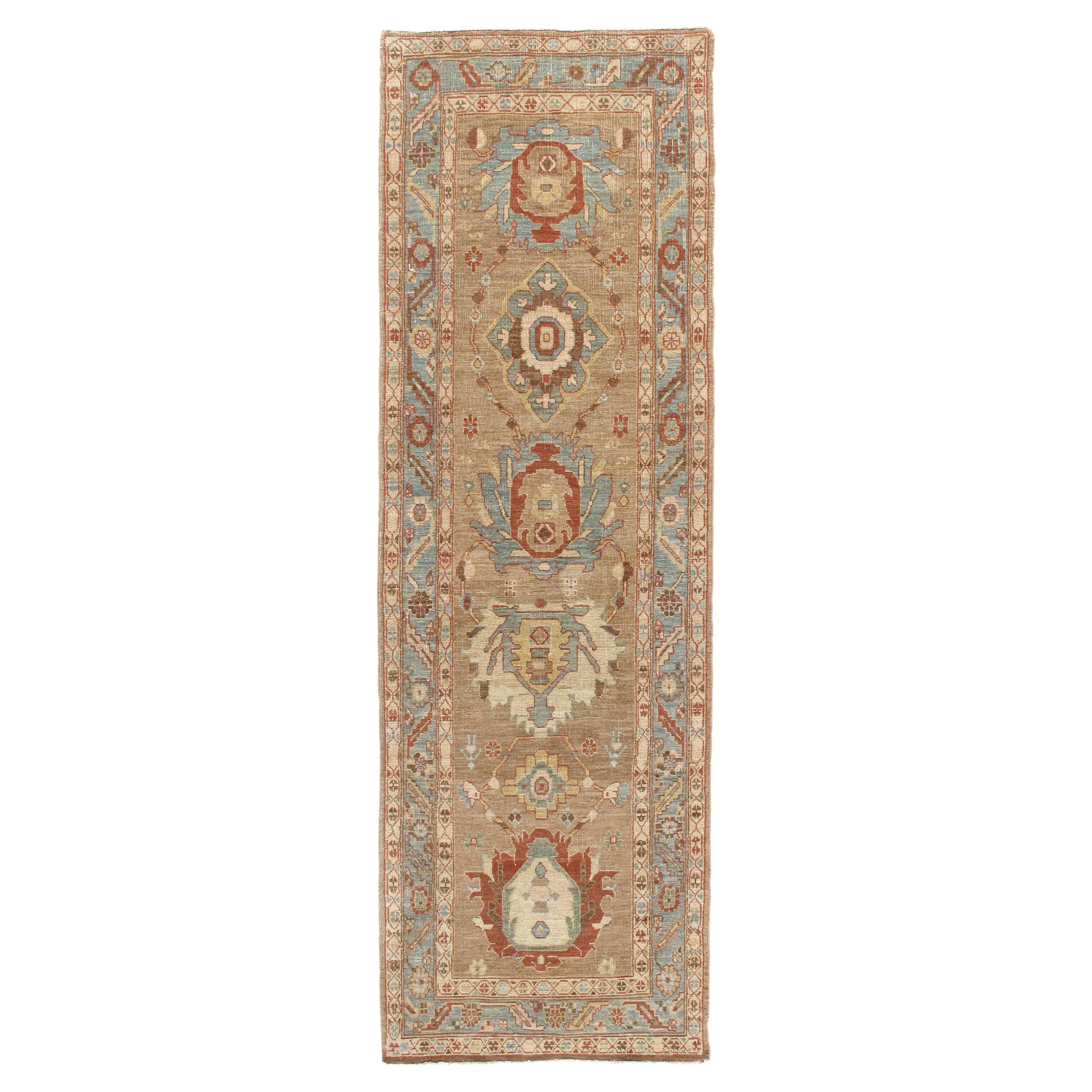 Traves de Mesa Tradicional Persa Bakshaish Anudada a Mano en Colores Camel, Azul y Óxido