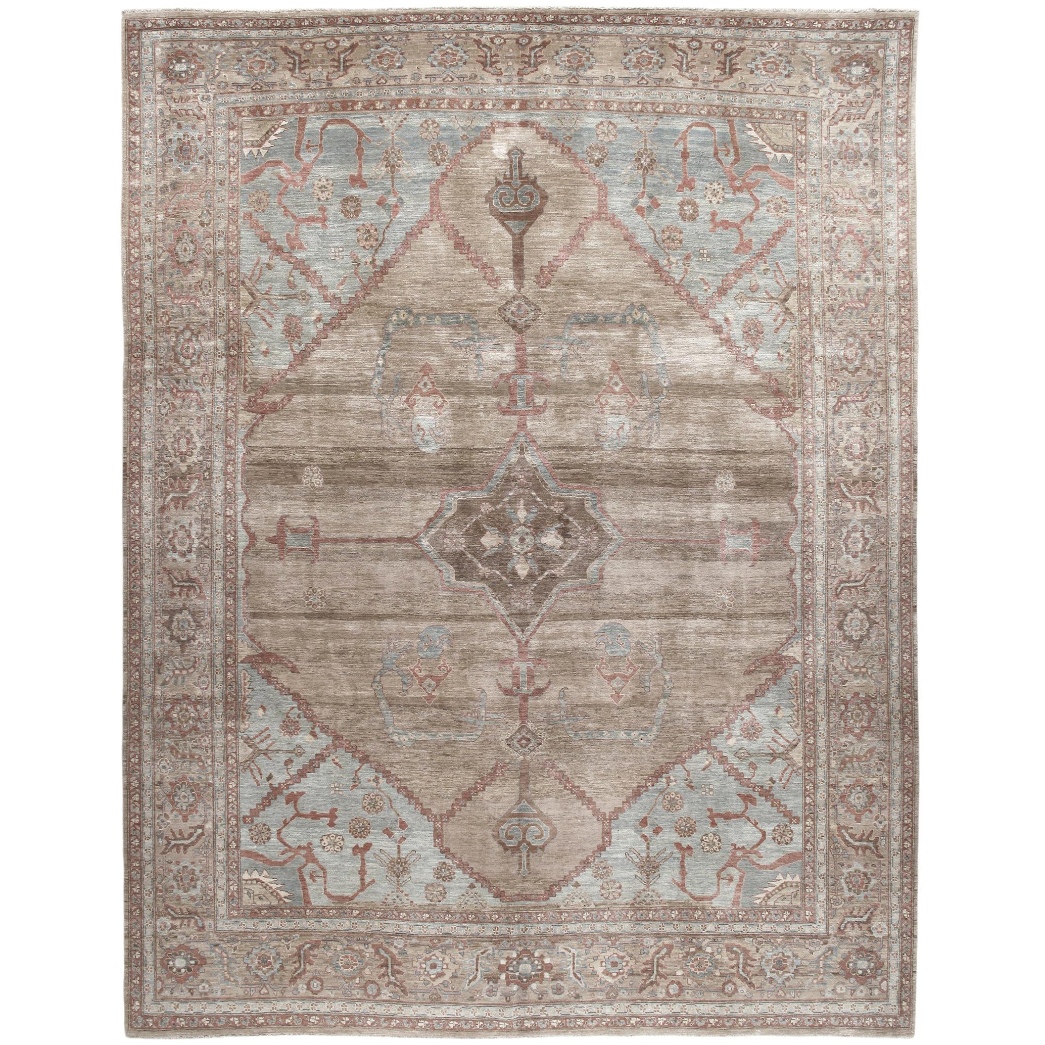 Persian Traditional Bakshaish Handknotted Rug in Camel and Pale Blue Color