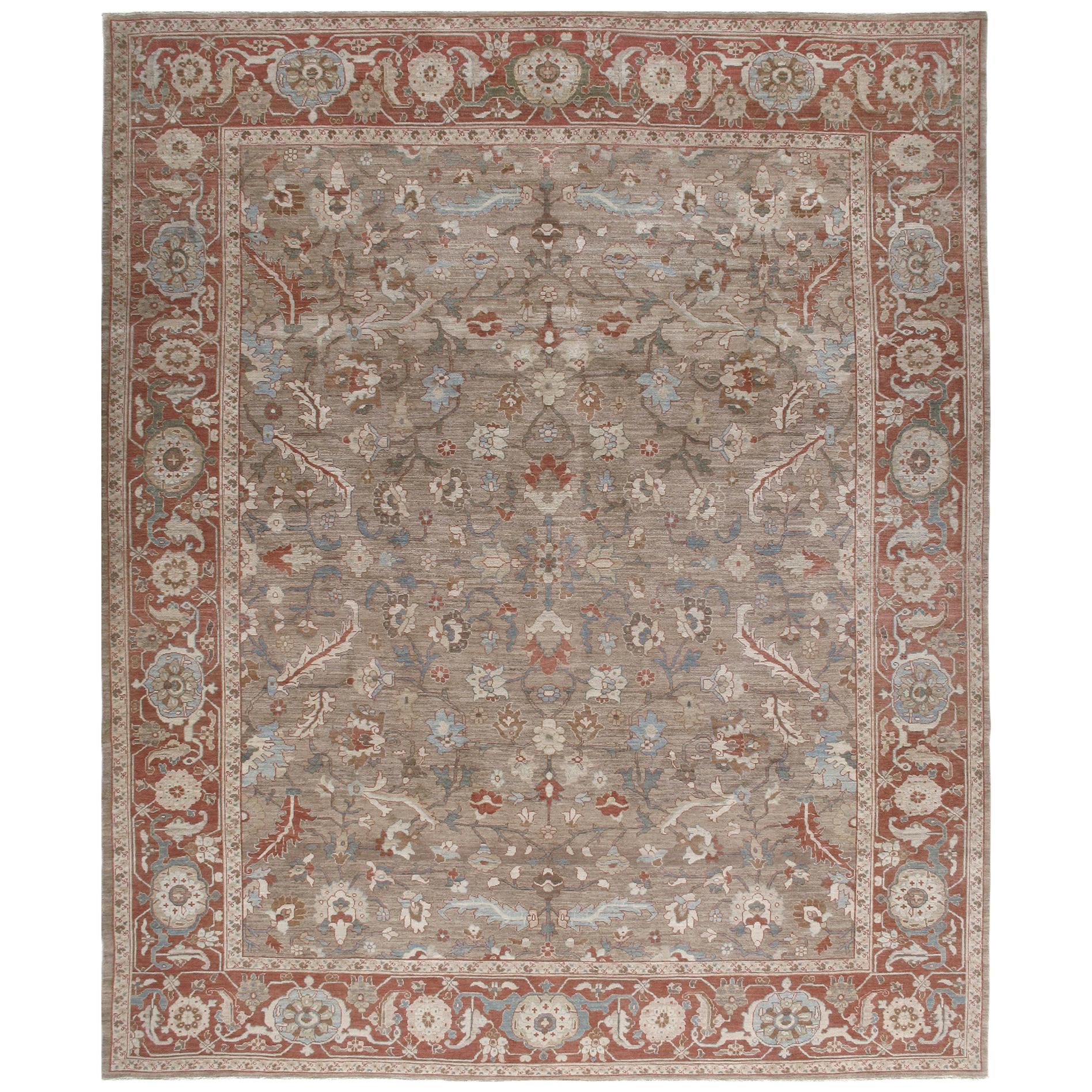Persian Traditional Bakshaish Handknotted Rug in Camel and Red Color For Sale
