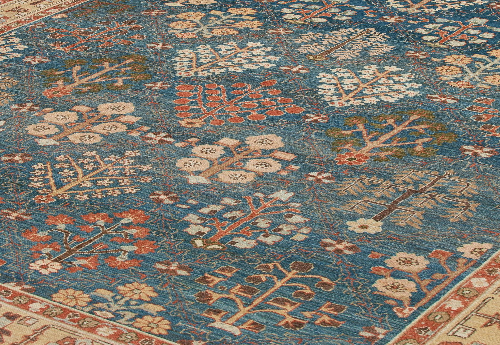 Tribal Persian Traditional Kurdish Hand Knotted Rug in Blue and Gold Colors For Sale