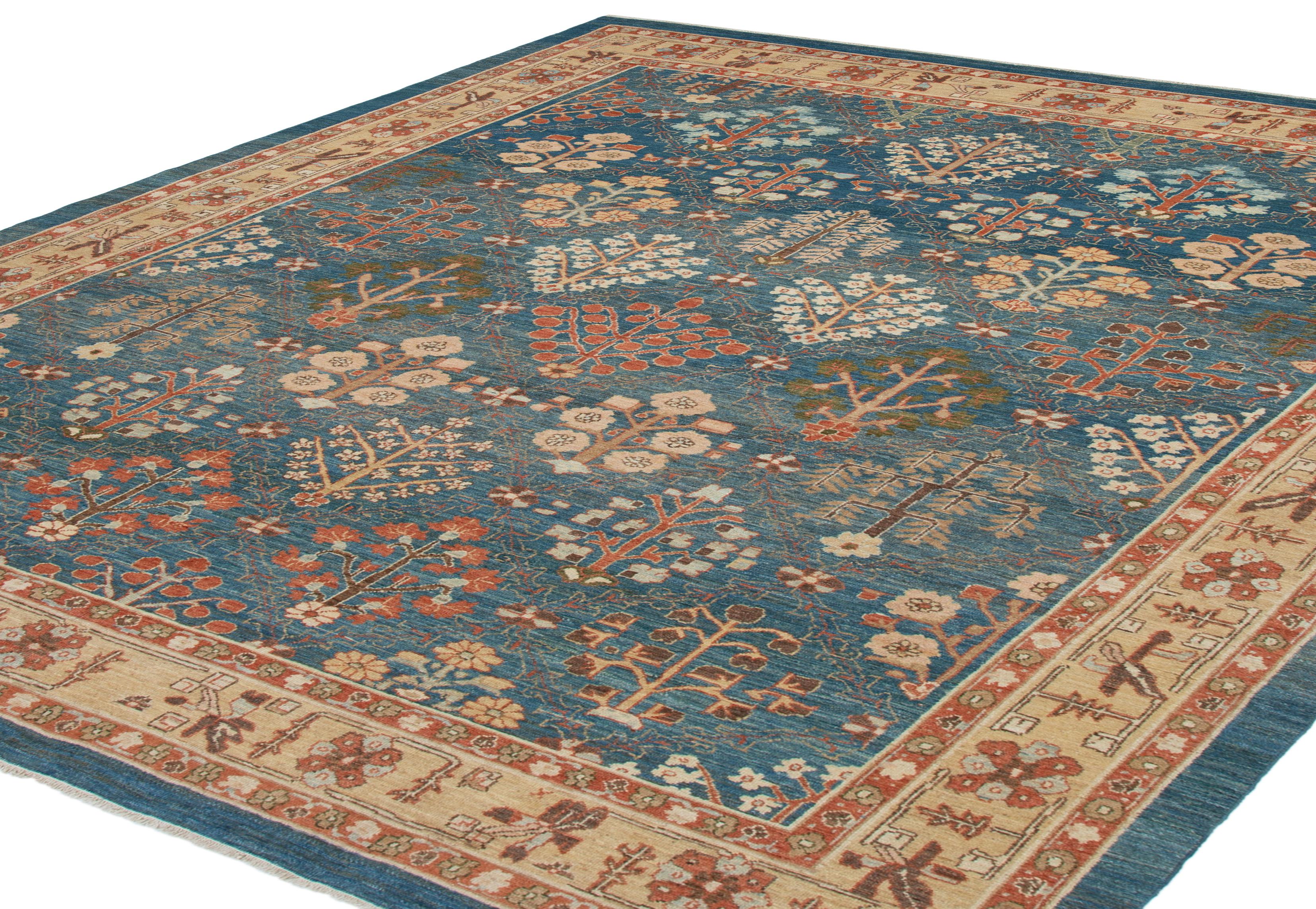 Hand-Knotted Persian Traditional Kurdish Hand Knotted Rug in Blue and Gold Colors For Sale