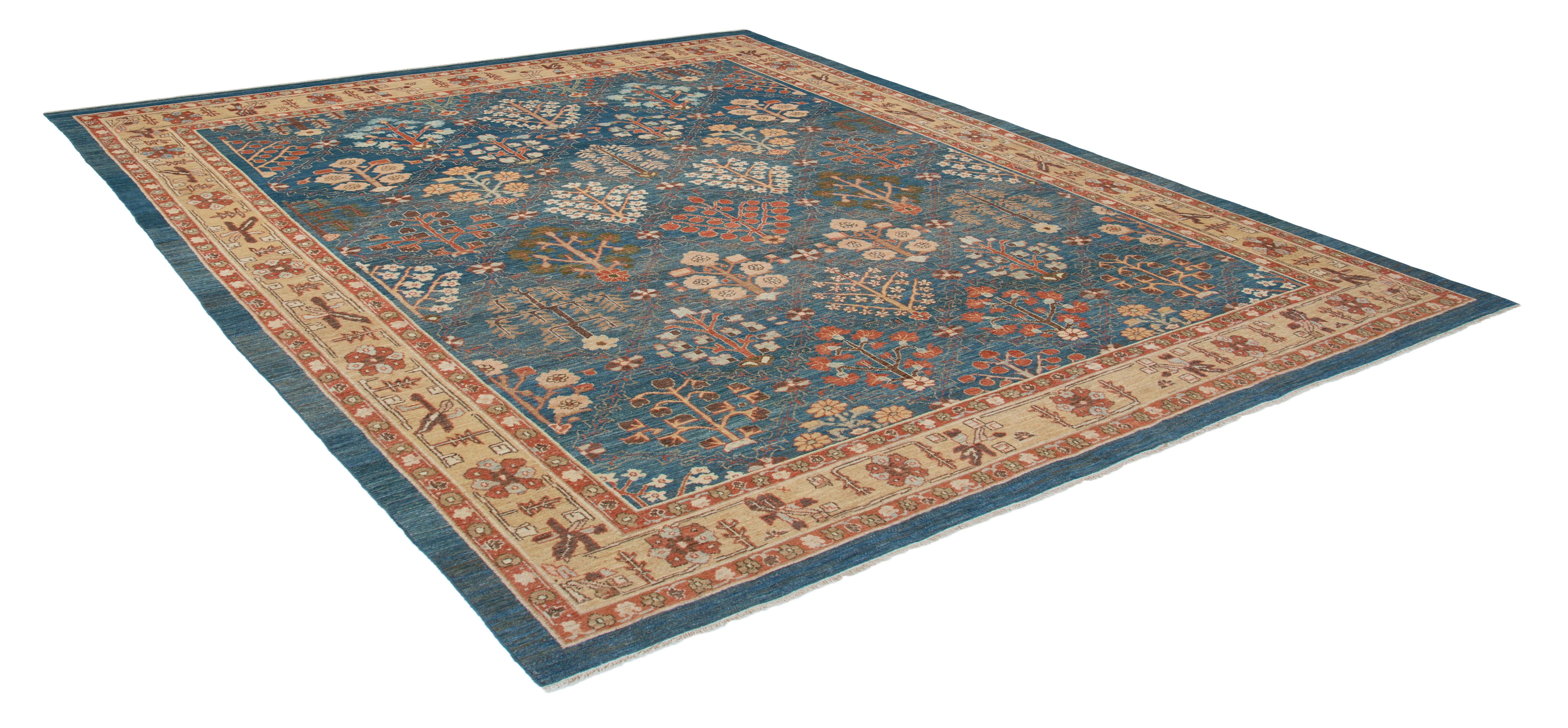 Contemporary Persian Traditional Kurdish Hand Knotted Rug in Blue and Gold Colors For Sale