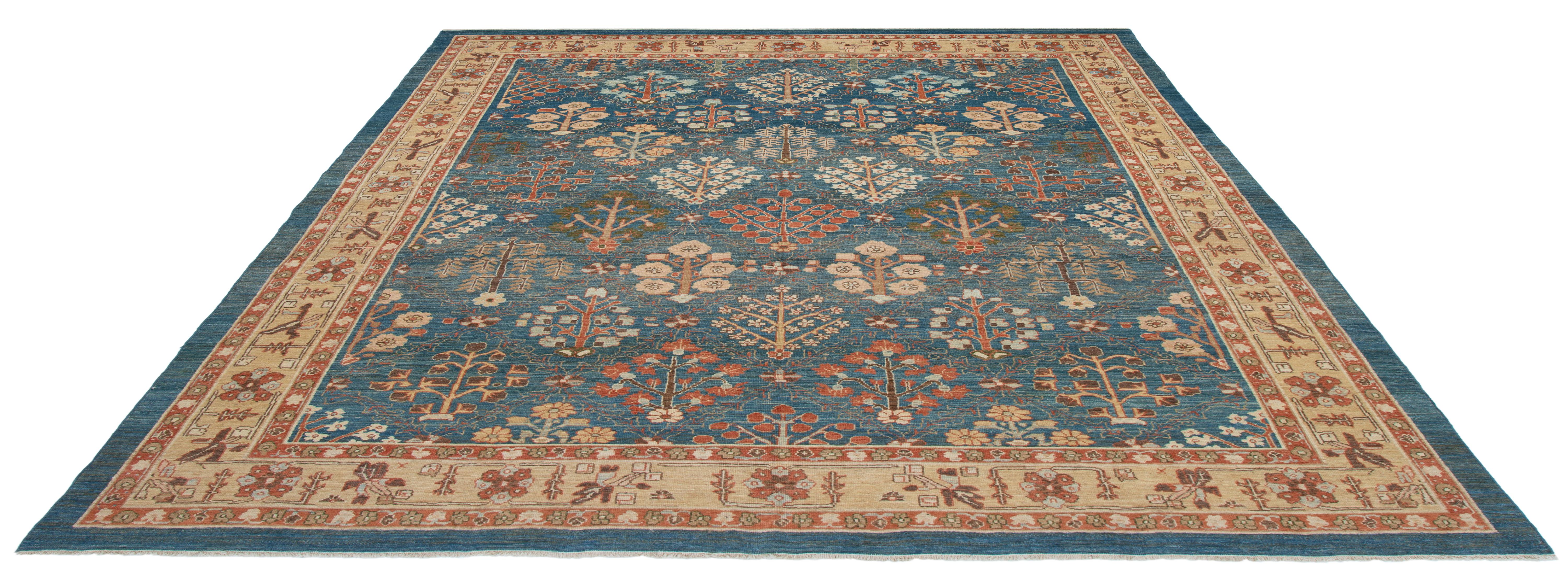 Wool Persian Traditional Kurdish Hand Knotted Rug in Blue and Gold Colors For Sale