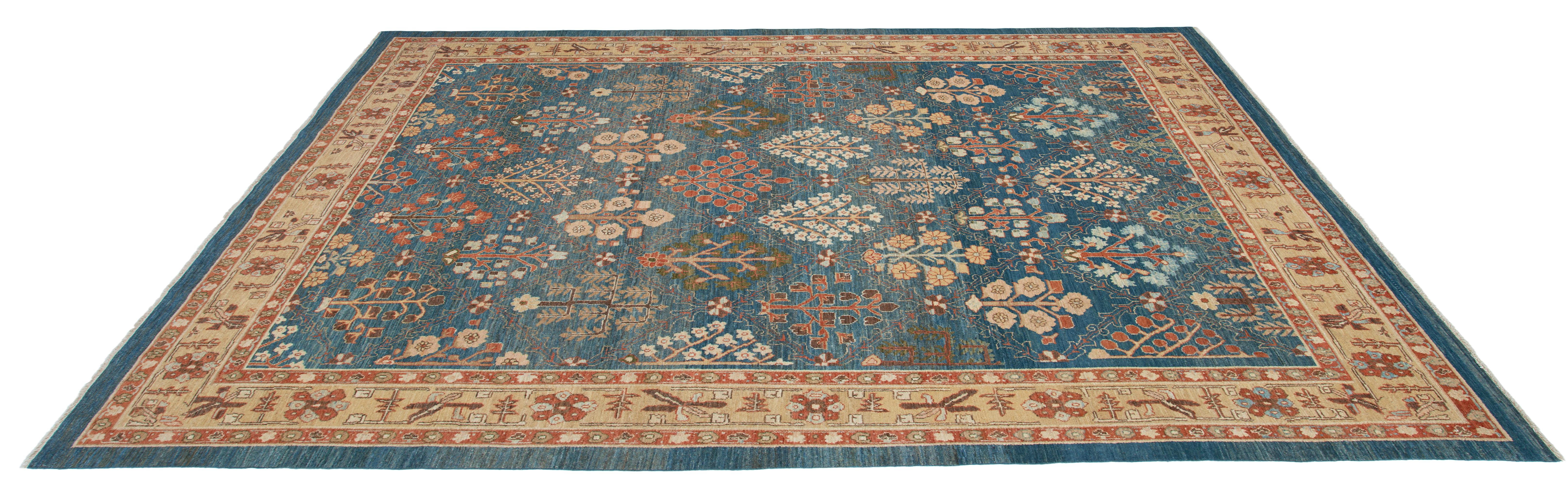 Persian Traditional Kurdish Hand Knotted Rug in Blue and Gold Colors For Sale 1