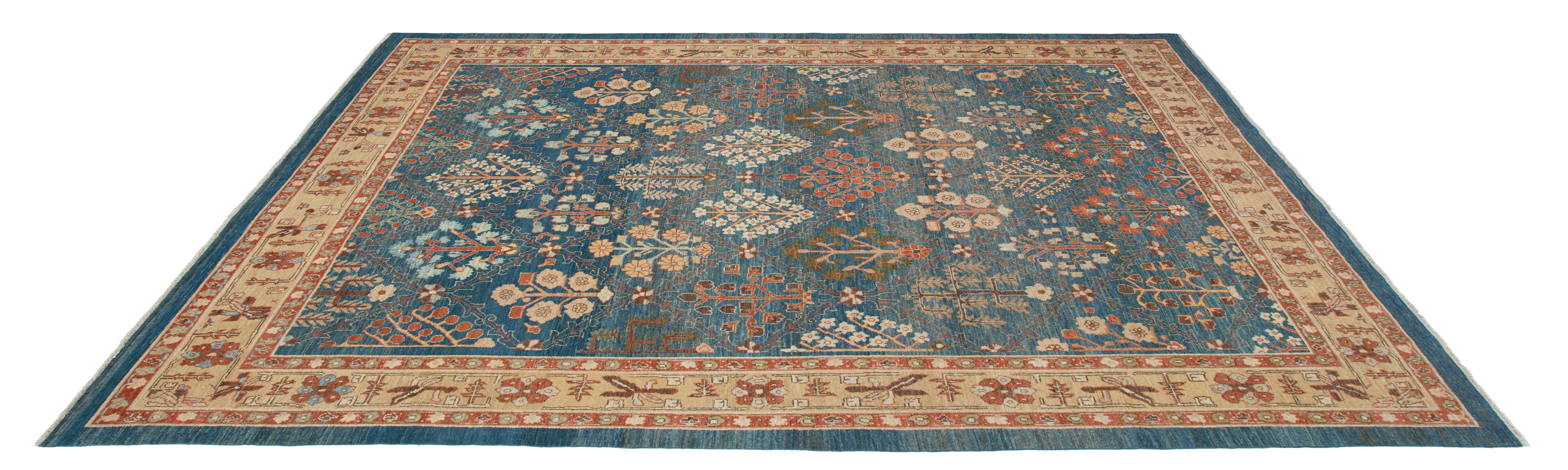 Persian Traditional Kurdish Hand Knotted Rug in Blue and Gold Colors For Sale 2