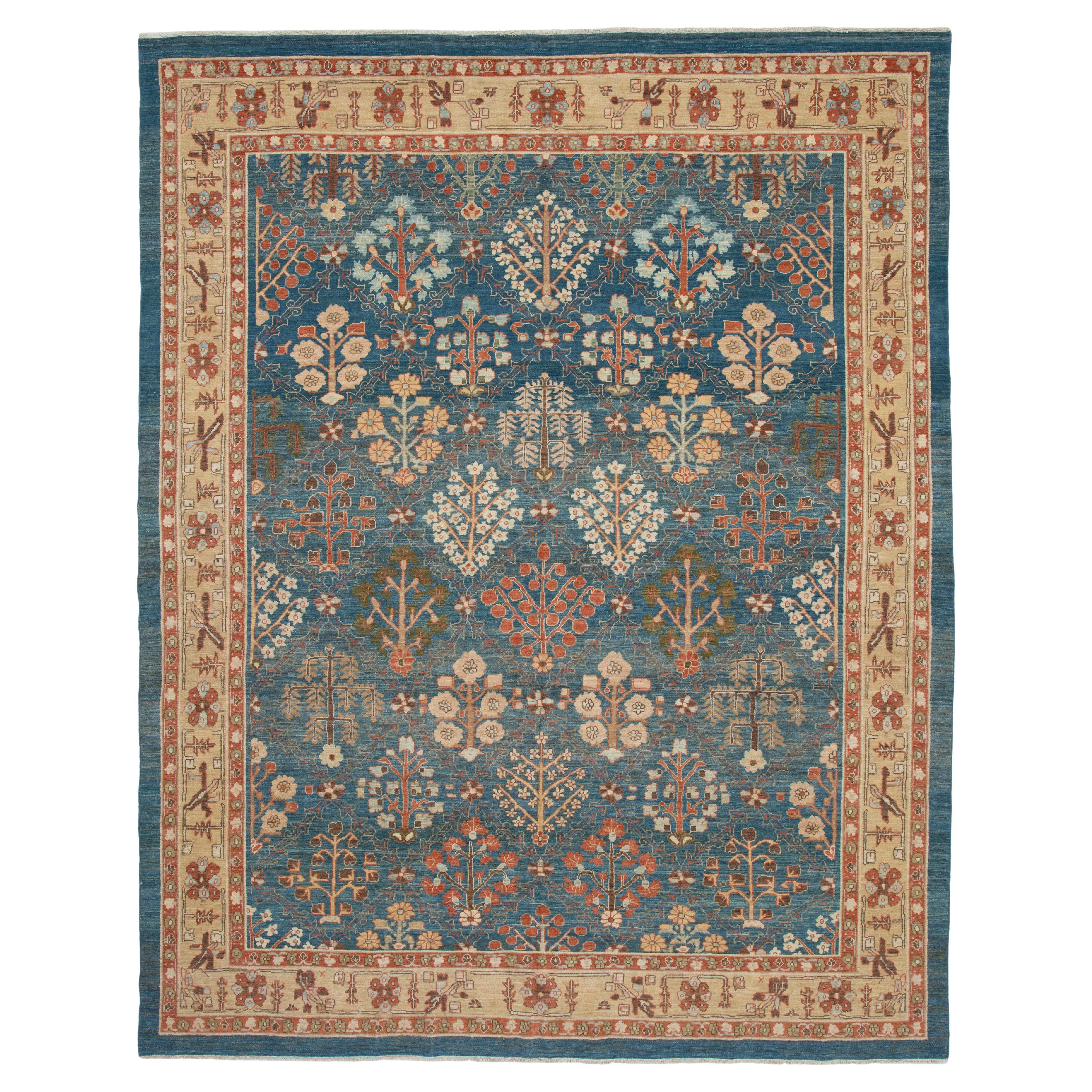Persian Traditional Kurdish Hand Knotted Rug in Blue and Gold Colors For Sale