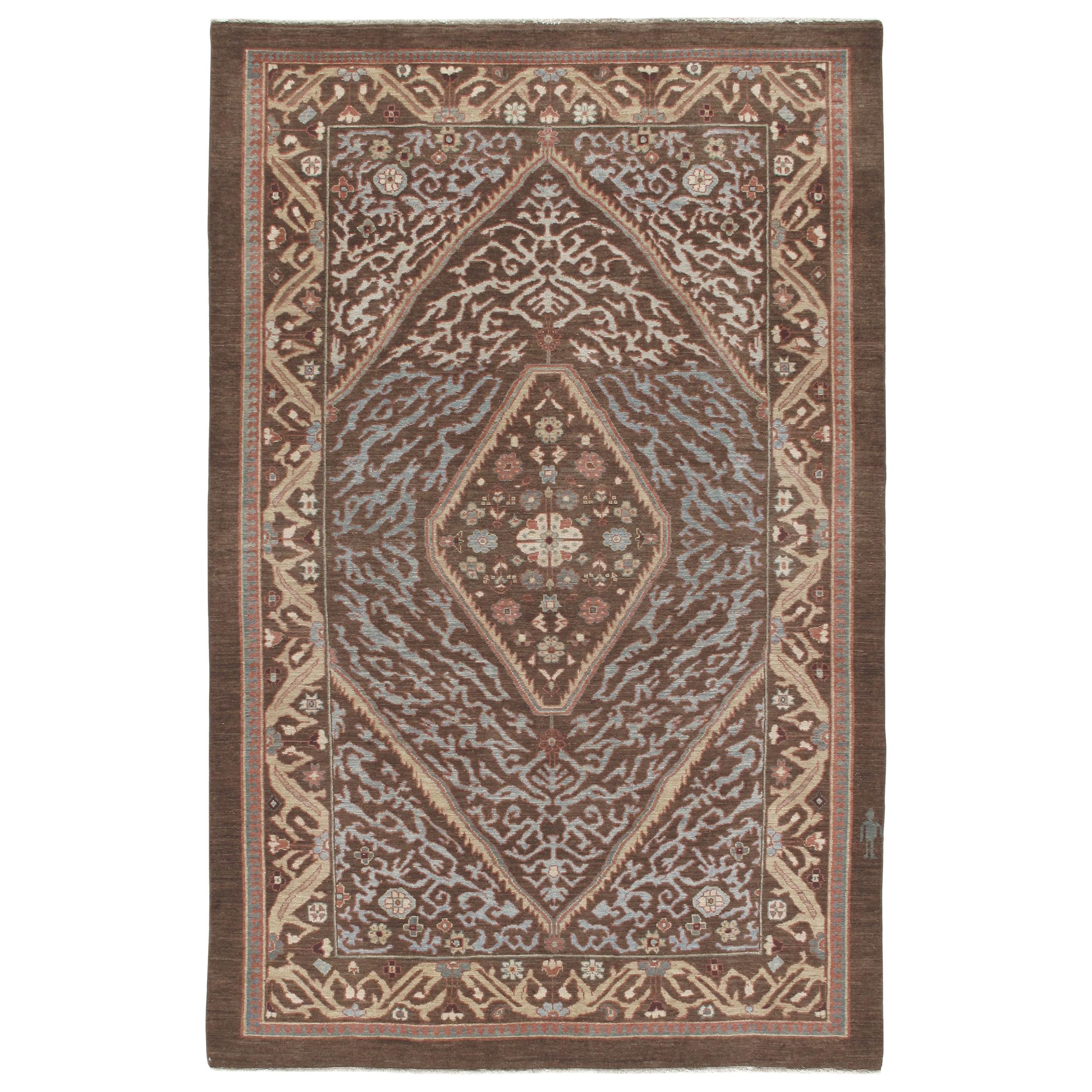 Persian Traditional Kurdish Handknotted Rug in Brown and Blue Color