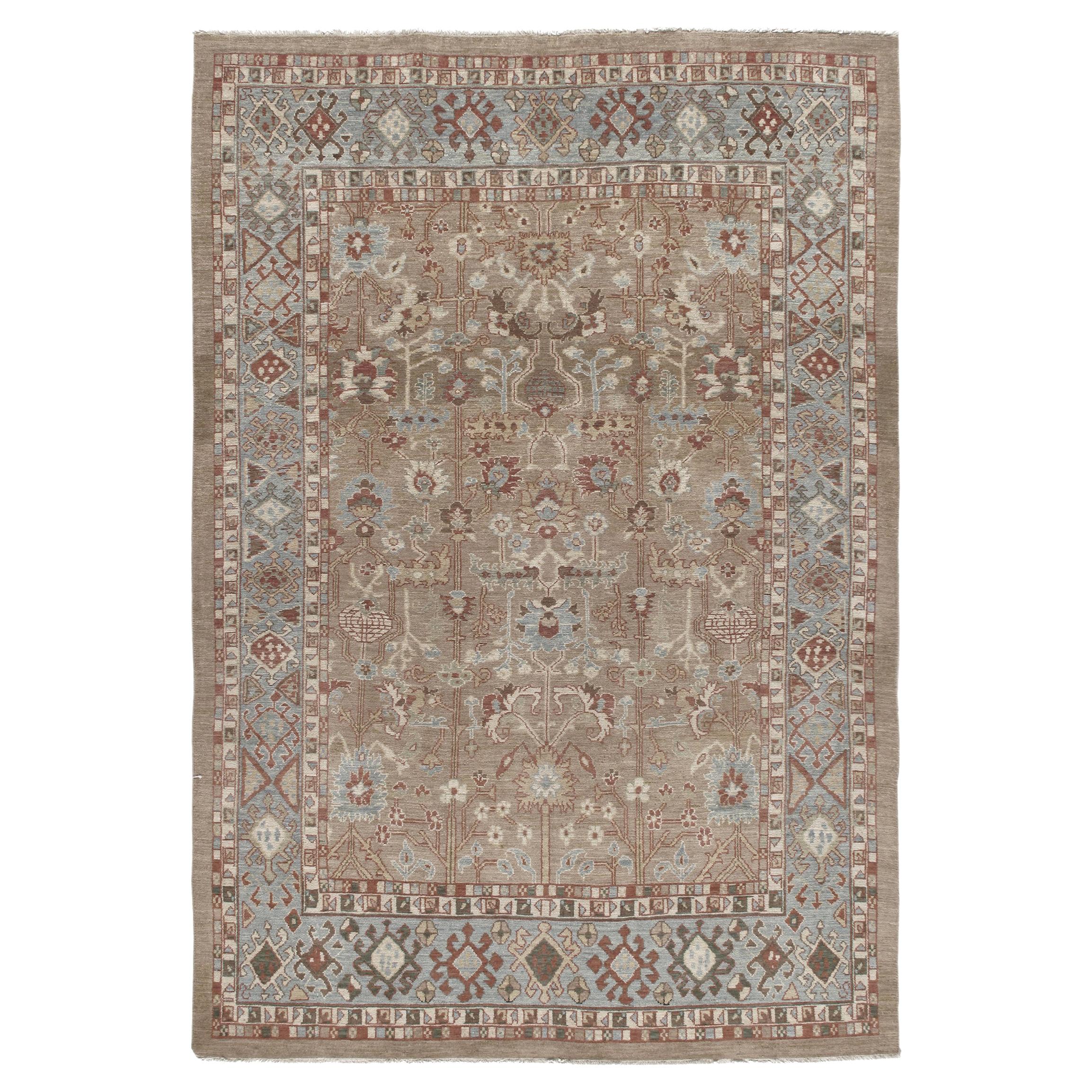 Persian Traditional Kurdish Handknotted Rug in Camel, Pale Blue and Rust Color For Sale
