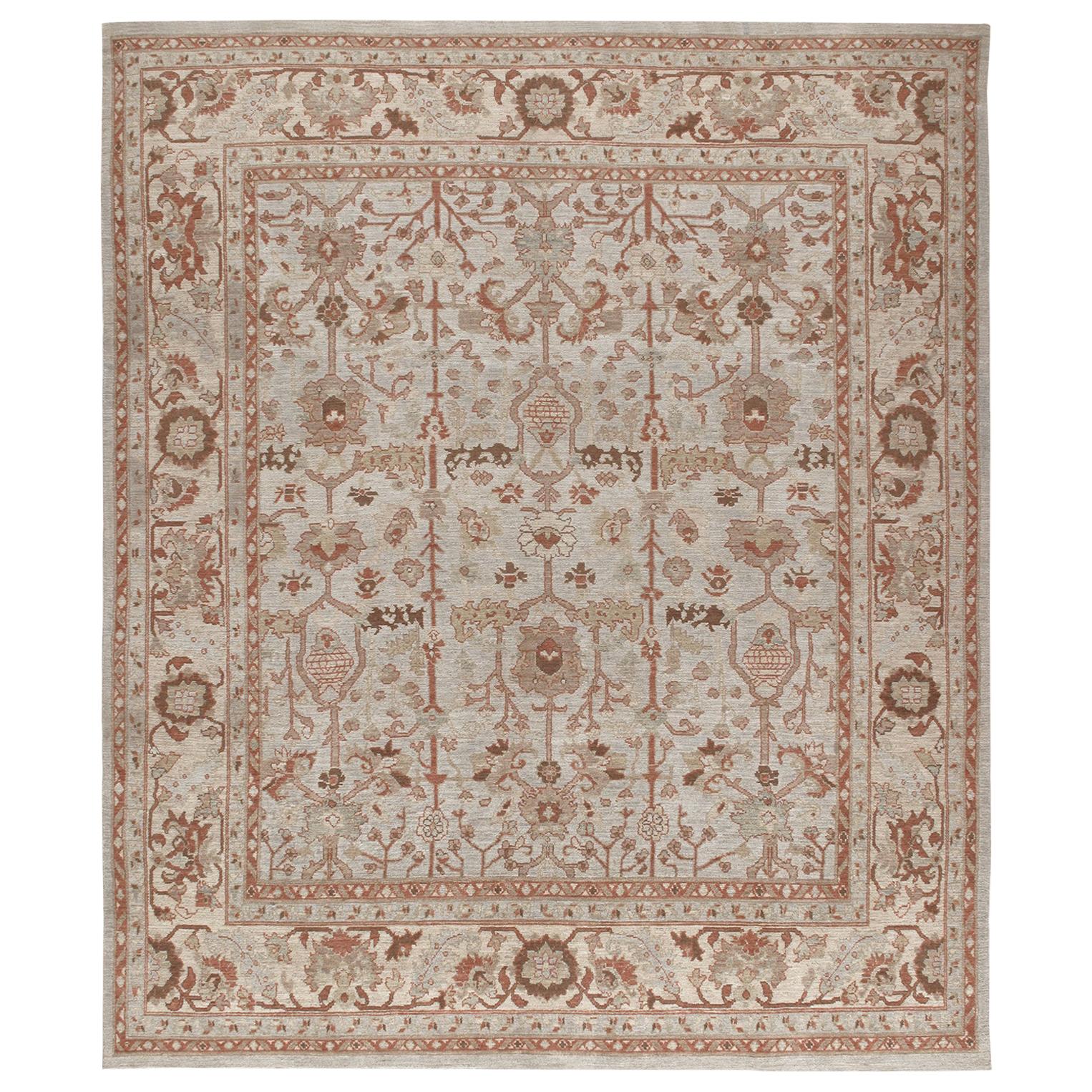 Persian Traditional Kurdish Hand Knotted Rug in Ivory, Pale Blue and Rust Colors For Sale