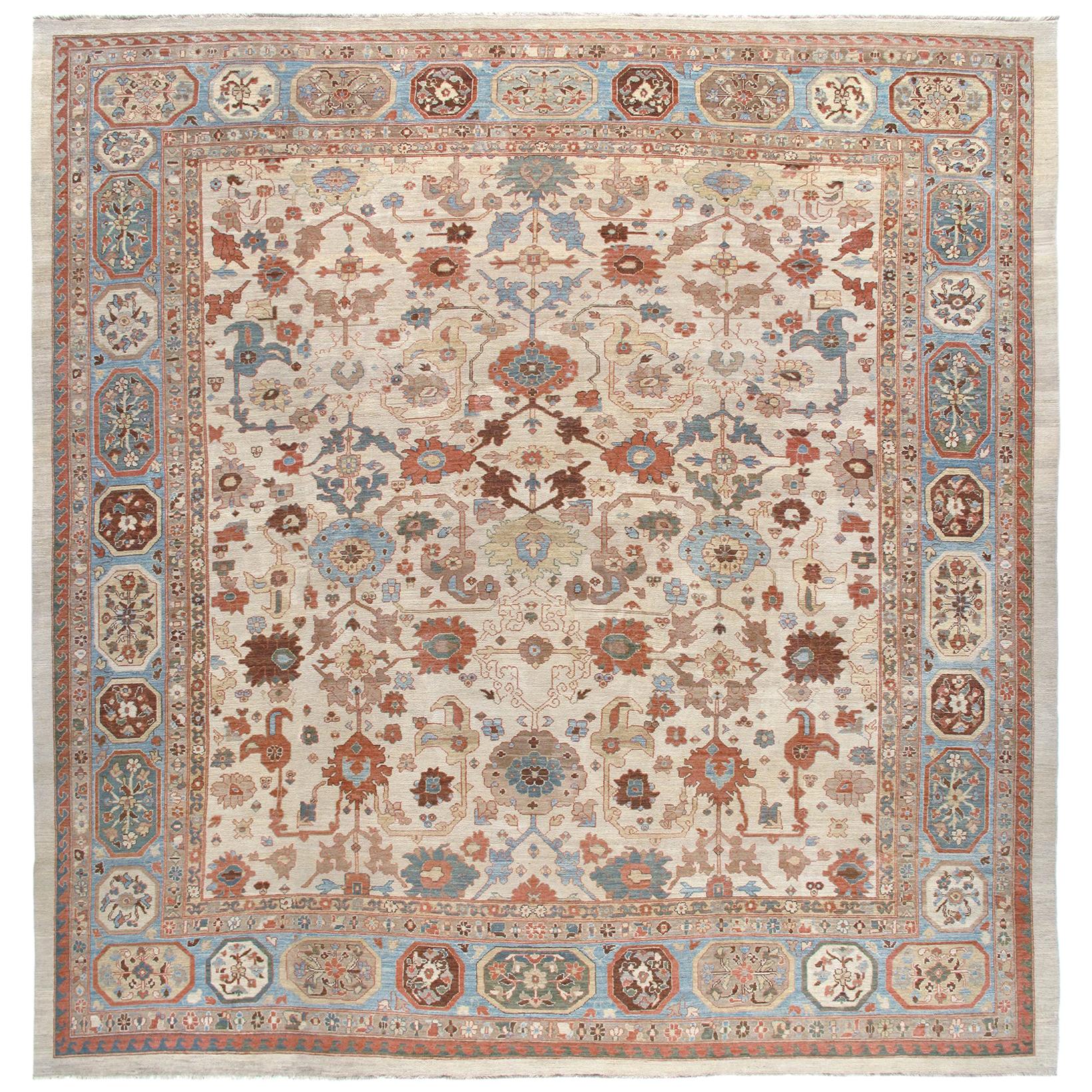 Persian Traditional Kurdish Handknotted Rug in Ivory Pale Blue with Rust Accent For Sale