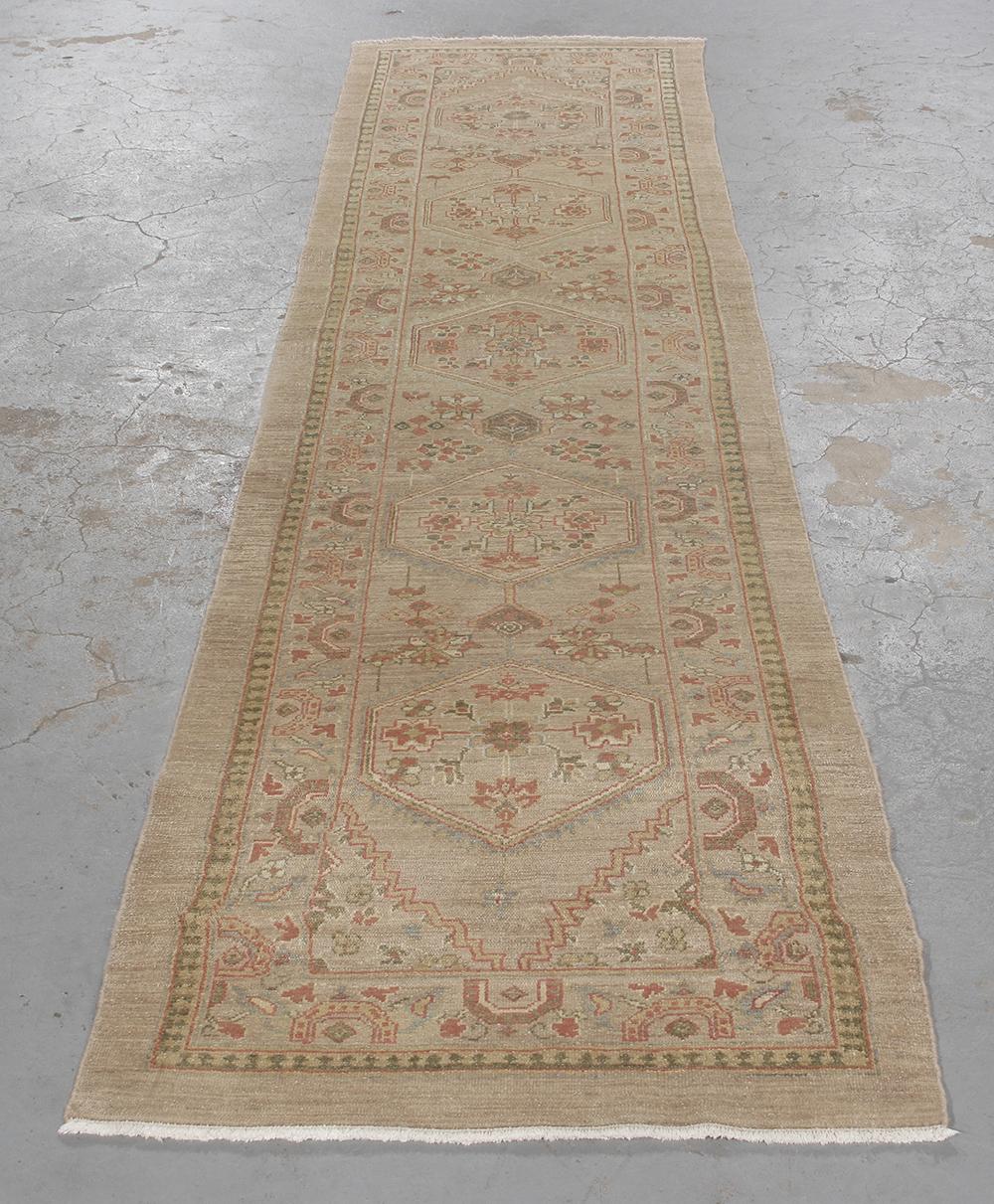 Primitive Persian Traditional Kurdish Hand-Knotted Runner in Camel, Green, Rust Colors For Sale