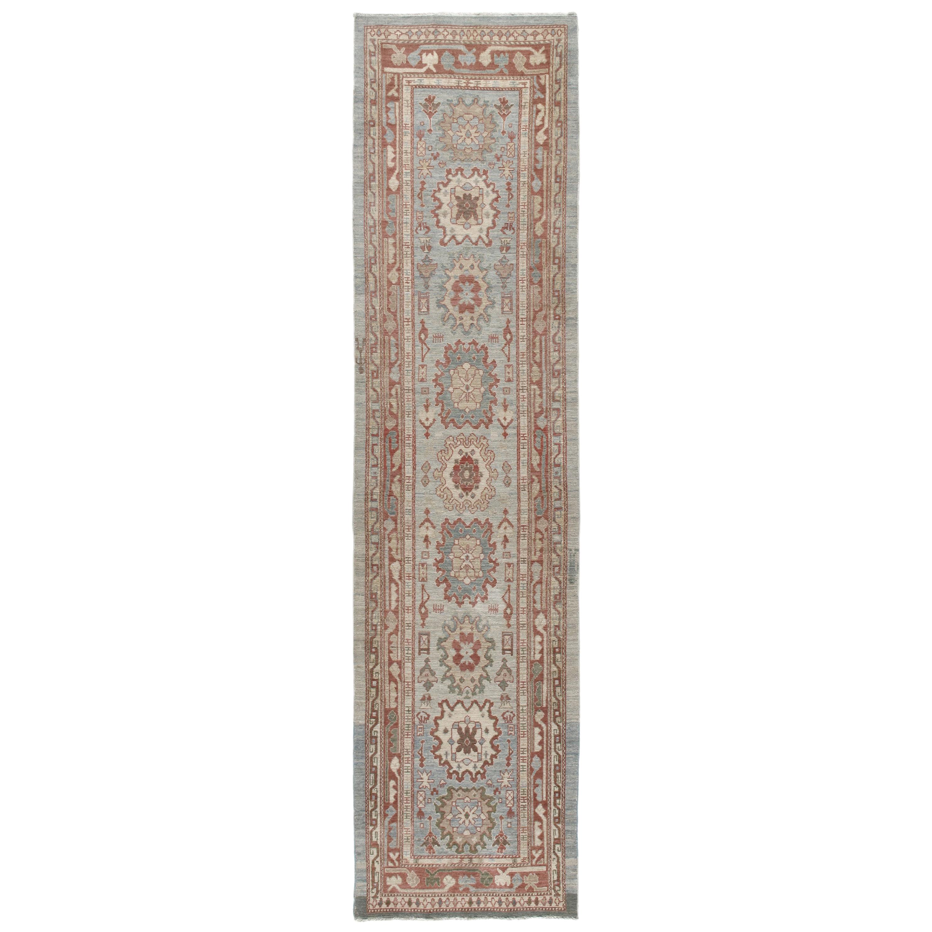Persian Traditional Kurdish Hand Knotted Runner Rug in Blue, Camel, Rust Colors For Sale